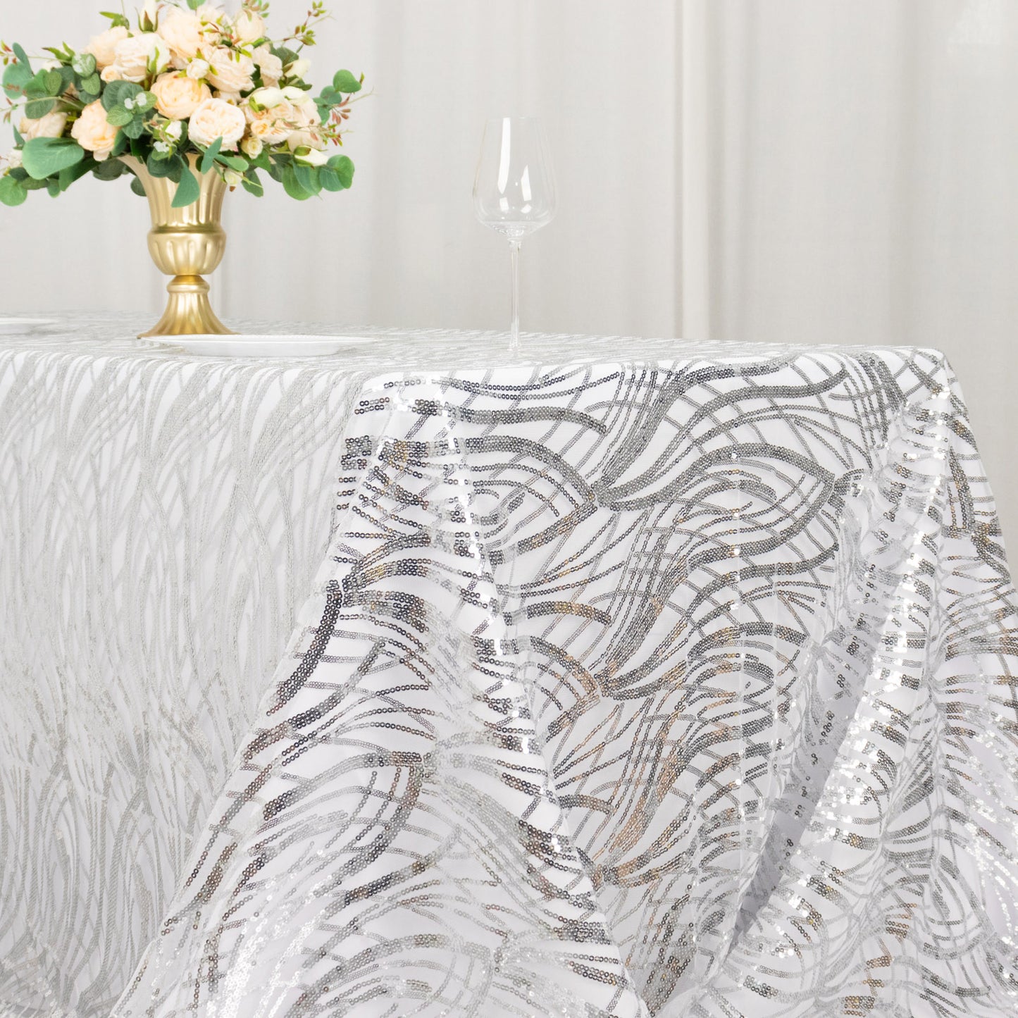 90"x156" Silver Wave Mesh Rectangular Tablecloth With Embroidered Sequins