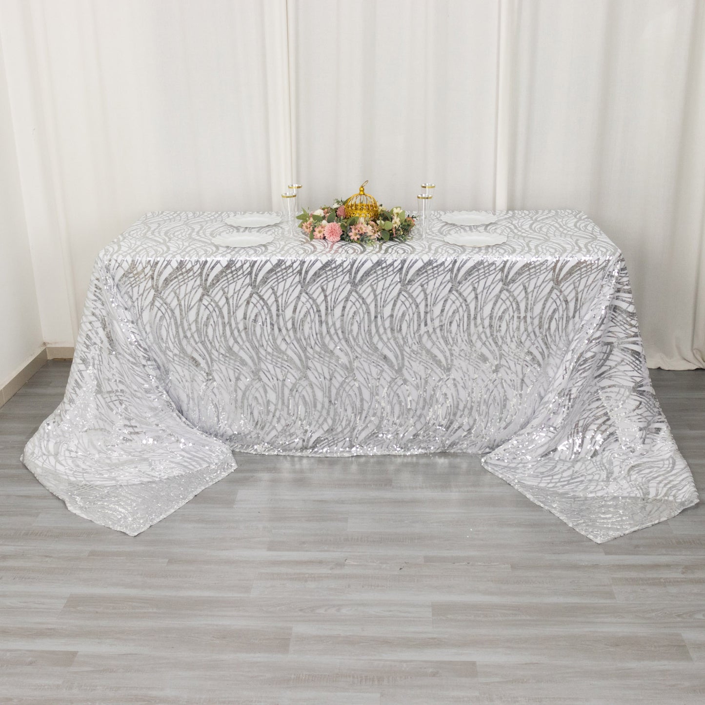 90"x156" Silver Wave Mesh Rectangular Tablecloth With Embroidered Sequins