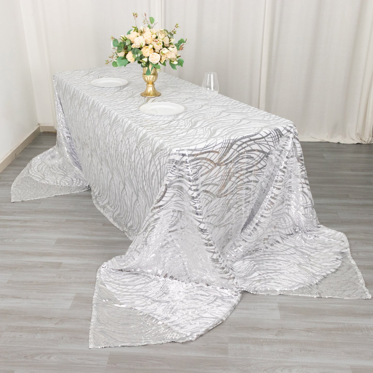 90"x156" Silver Wave Mesh Rectangular Tablecloth With Embroidered Sequins