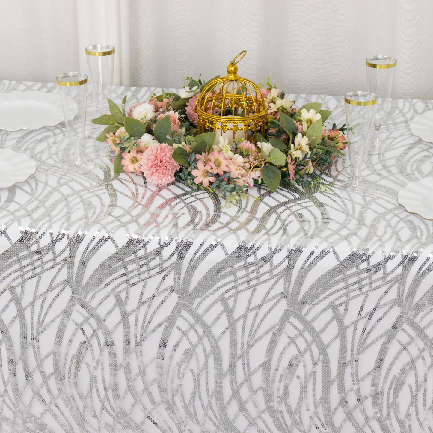 90"x156" Silver Wave Mesh Rectangular Tablecloth With Embroidered Sequins