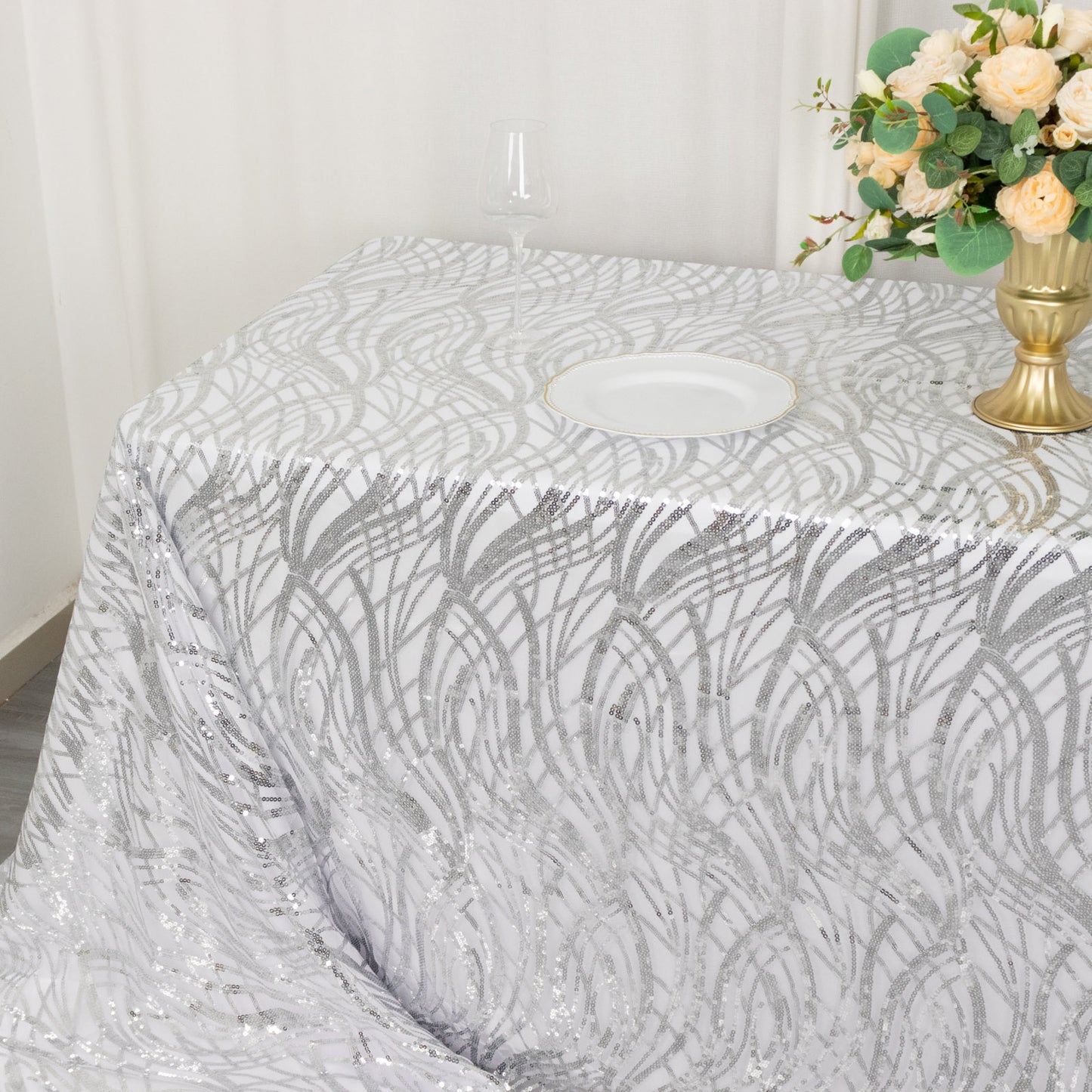 90"x156" Silver Wave Mesh Rectangular Tablecloth With Embroidered Sequins