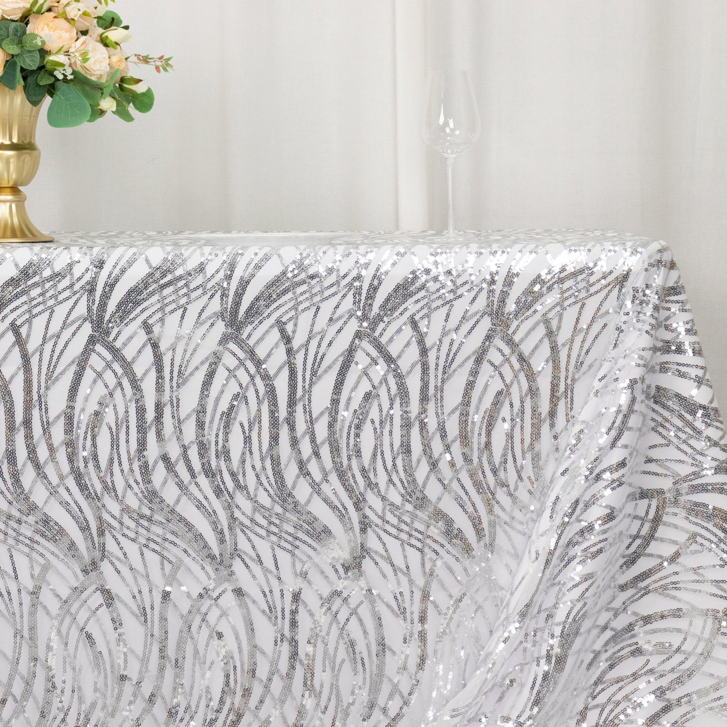 90"x156" Silver Wave Mesh Rectangular Tablecloth With Embroidered Sequins