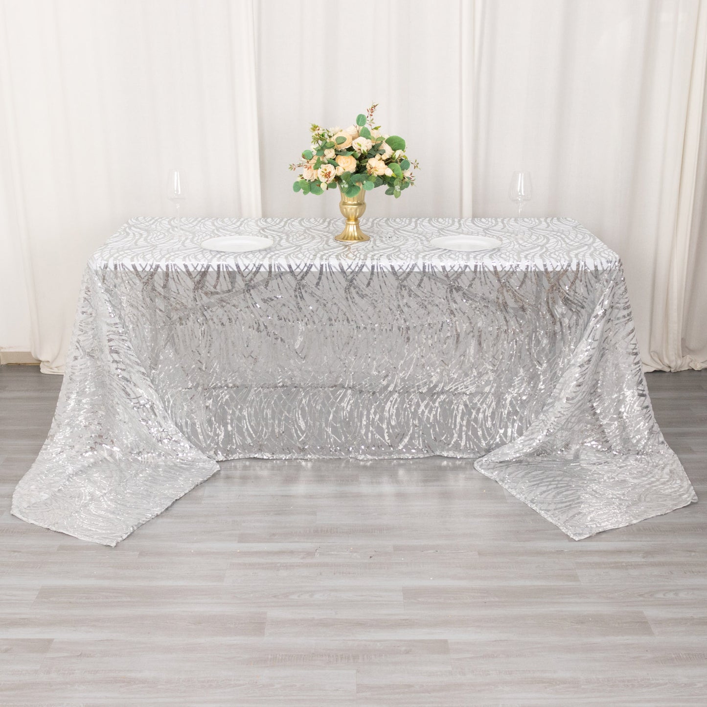 90"x156" Silver Wave Mesh Rectangular Tablecloth With Embroidered Sequins