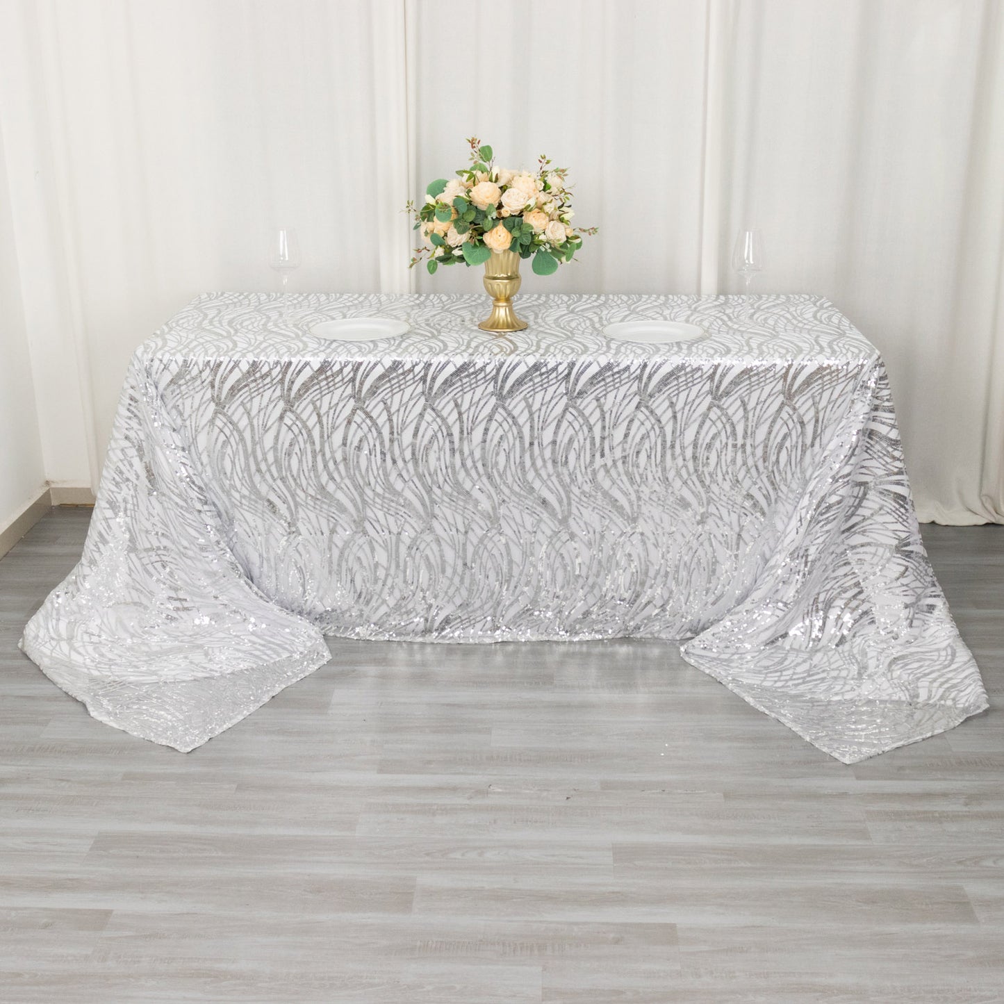 90"x156" Silver Wave Mesh Rectangular Tablecloth With Embroidered Sequins