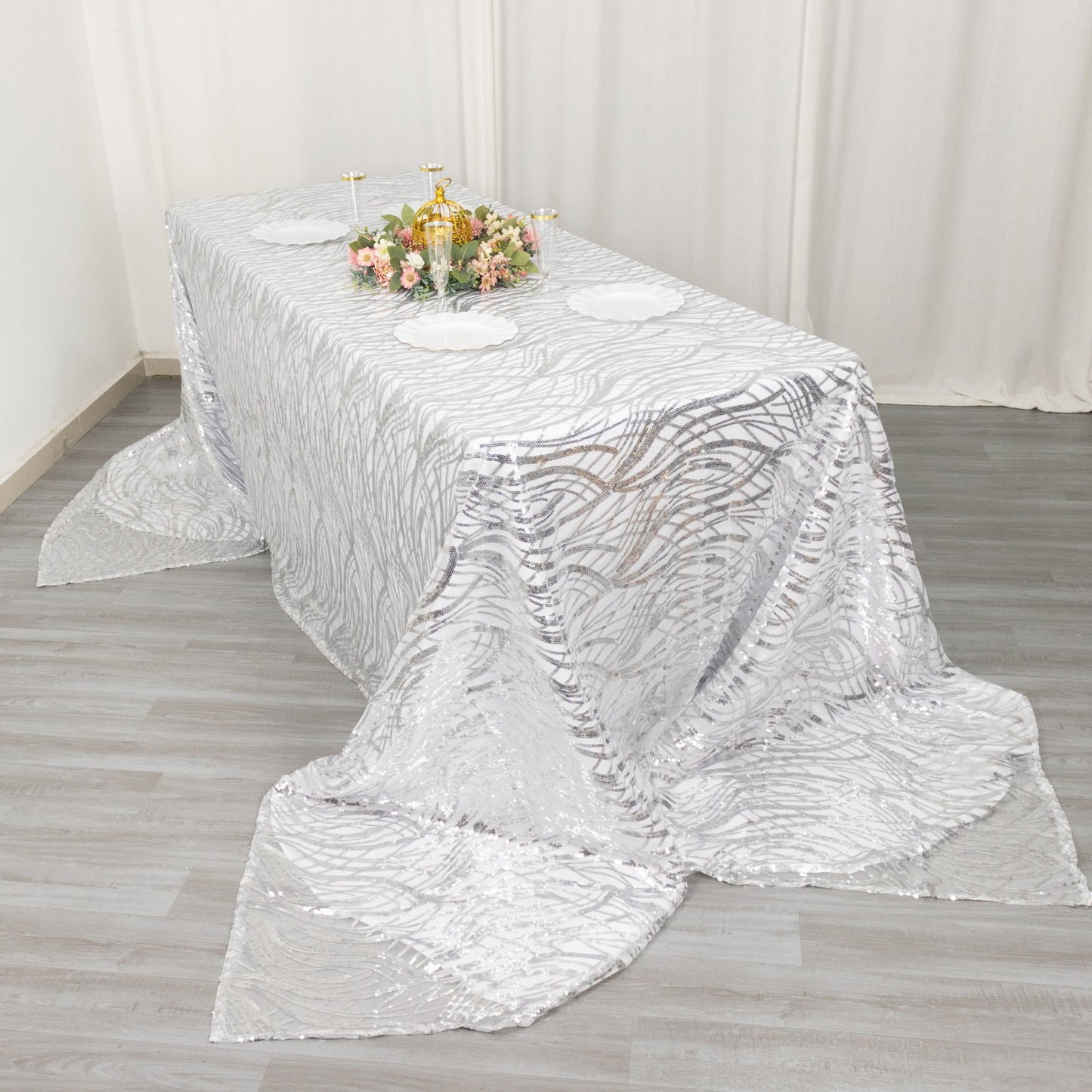 90"x156" Silver Wave Mesh Rectangular Tablecloth With Embroidered Sequins
