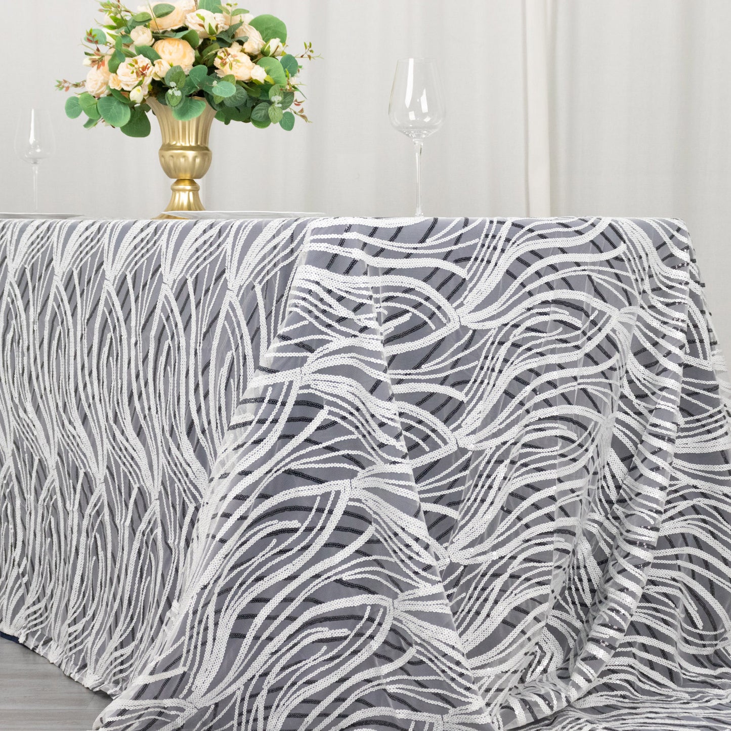 90"x156" White Black Wave Mesh Rectangular Tablecloth With Embroidered Sequins