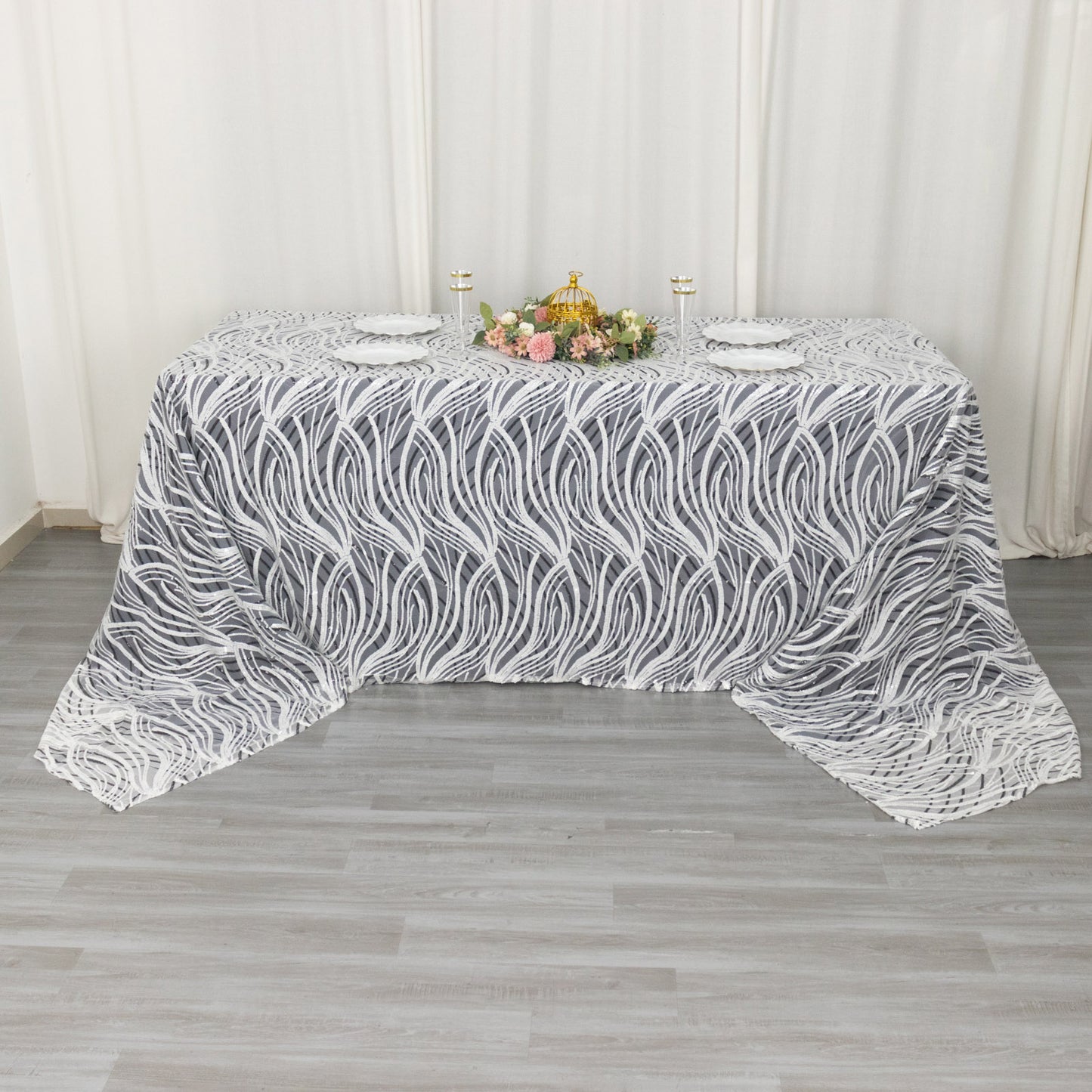 90"x156" White Black Wave Mesh Rectangular Tablecloth With Embroidered Sequins