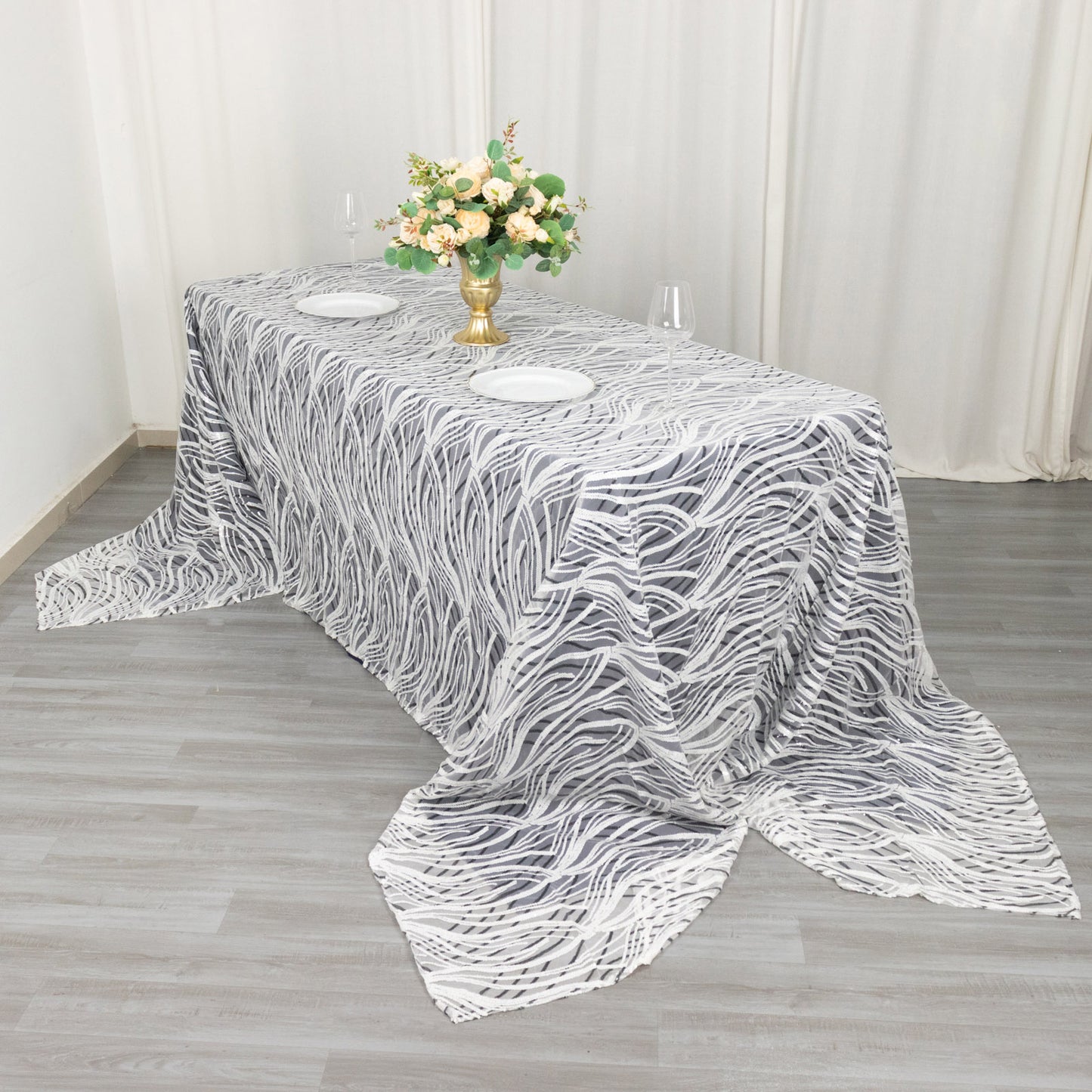 90"x156" White Black Wave Mesh Rectangular Tablecloth With Embroidered Sequins