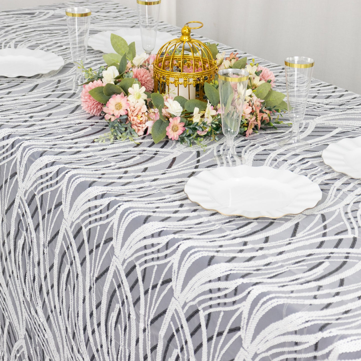 90"x156" White Black Wave Mesh Rectangular Tablecloth With Embroidered Sequins