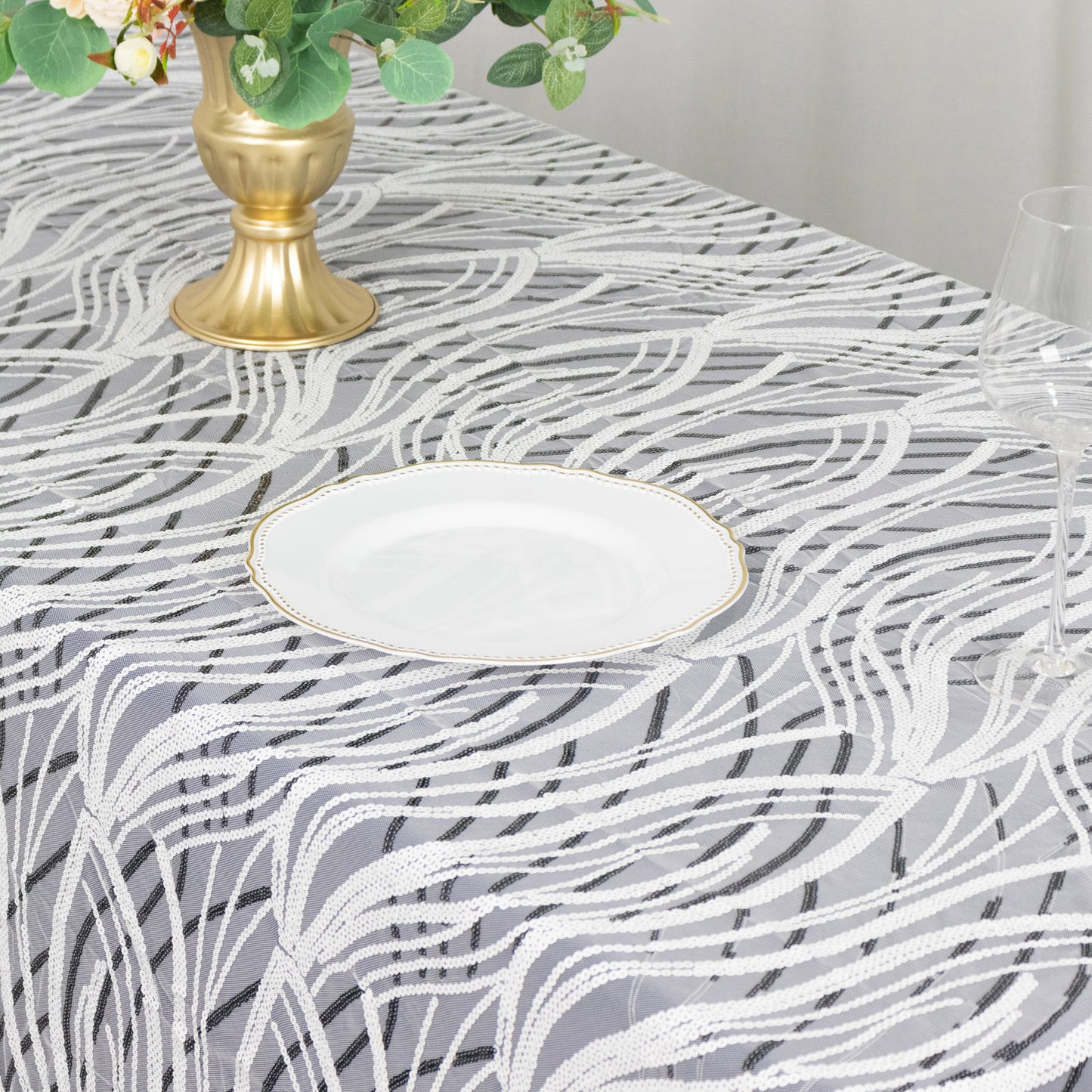 90"x156" White Black Wave Mesh Rectangular Tablecloth With Embroidered Sequins