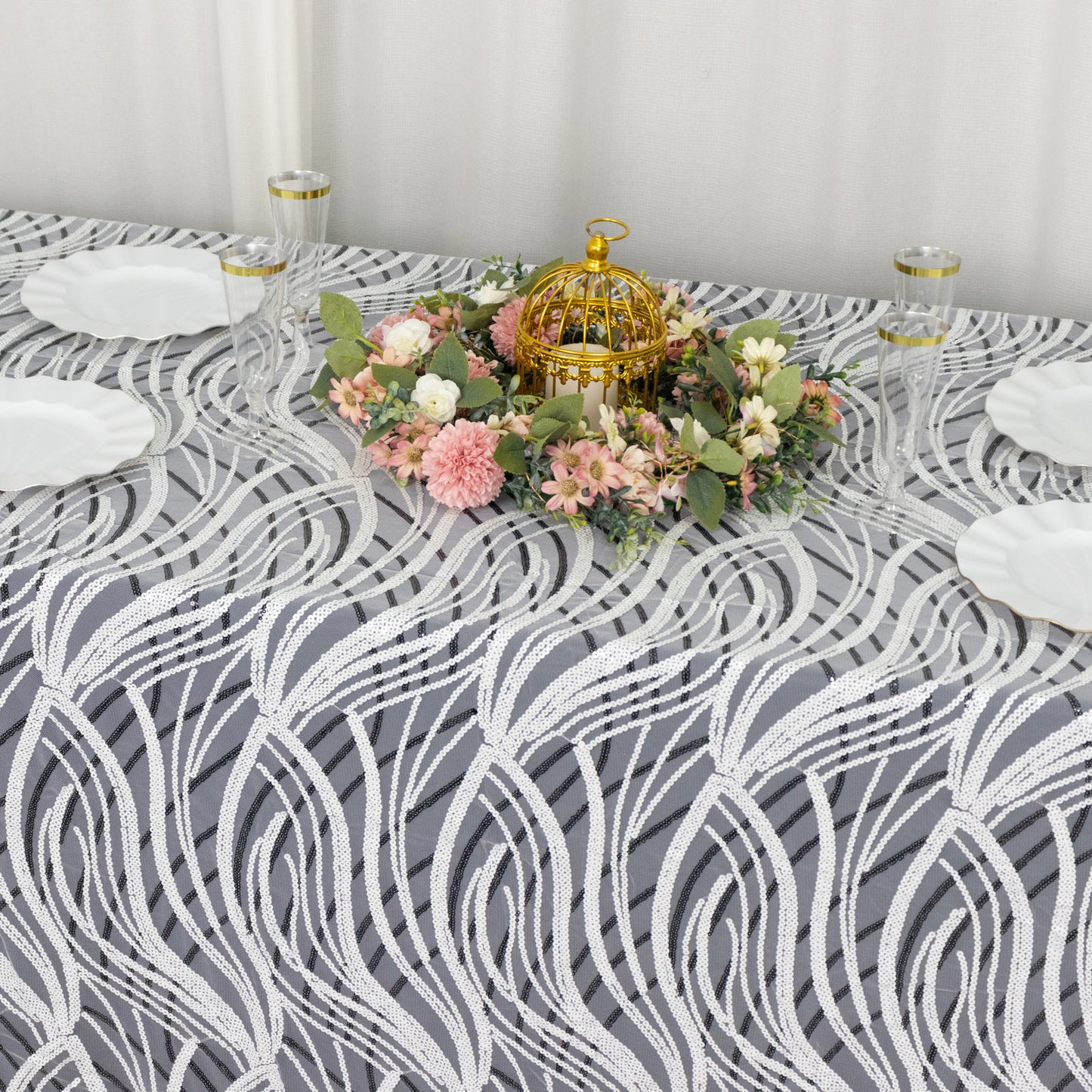90"x156" White Black Wave Mesh Rectangular Tablecloth With Embroidered Sequins