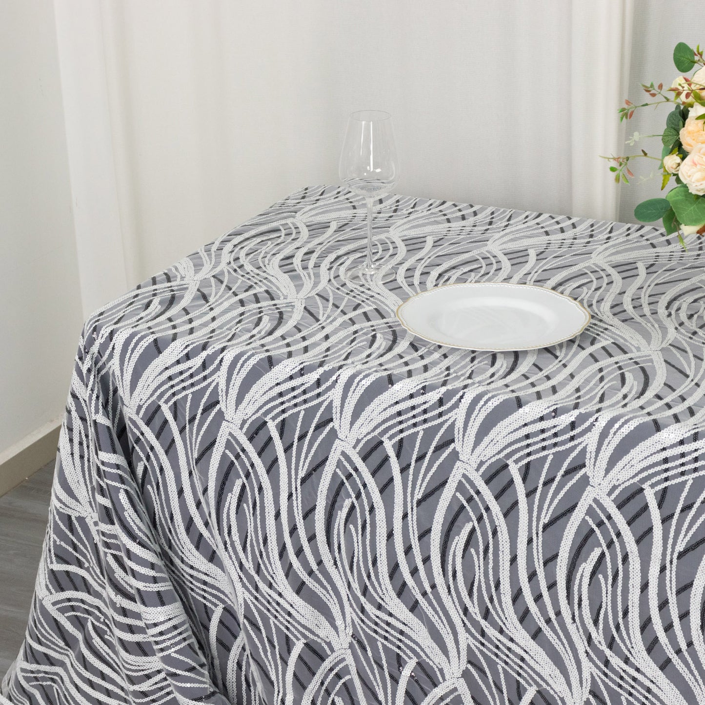 90"x156" White Black Wave Mesh Rectangular Tablecloth With Embroidered Sequins