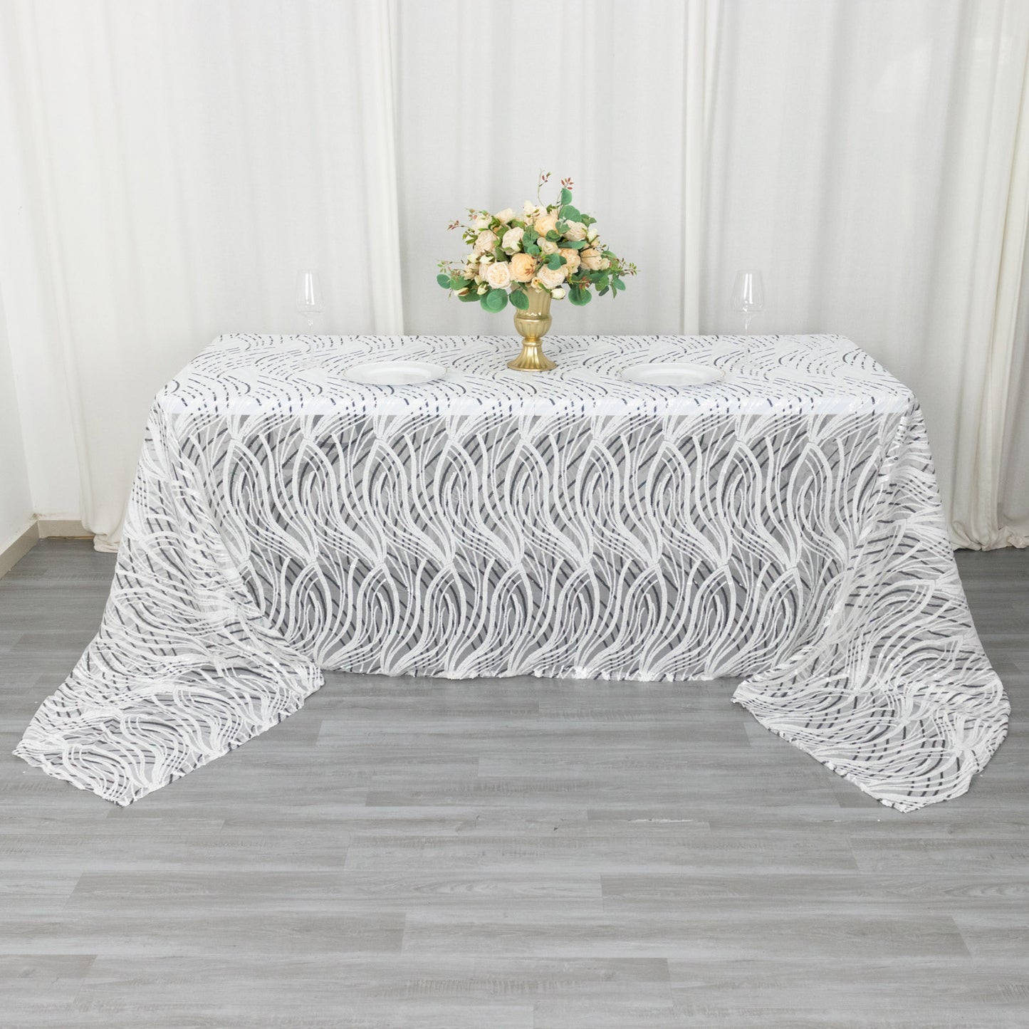 90"x156" White Black Wave Mesh Rectangular Tablecloth With Embroidered Sequins