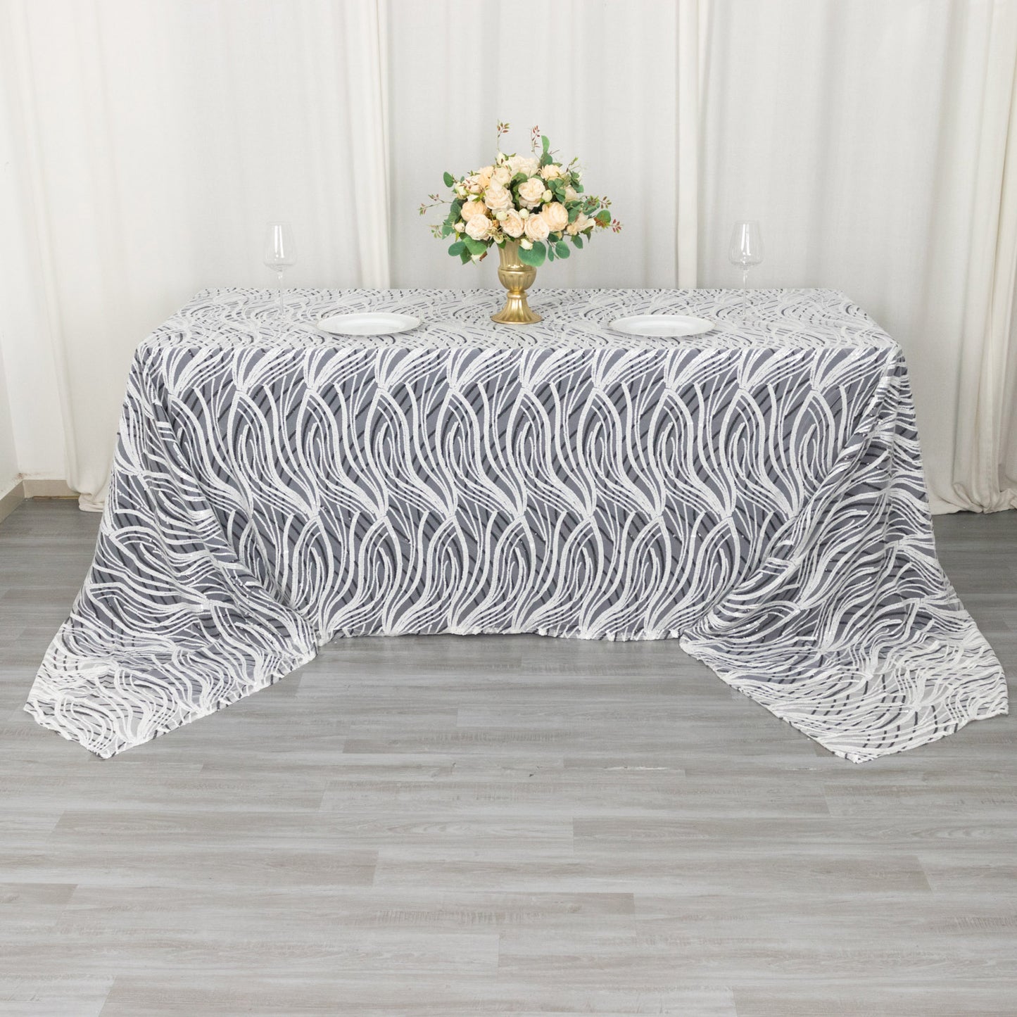 90"x156" White Black Wave Mesh Rectangular Tablecloth With Embroidered Sequins