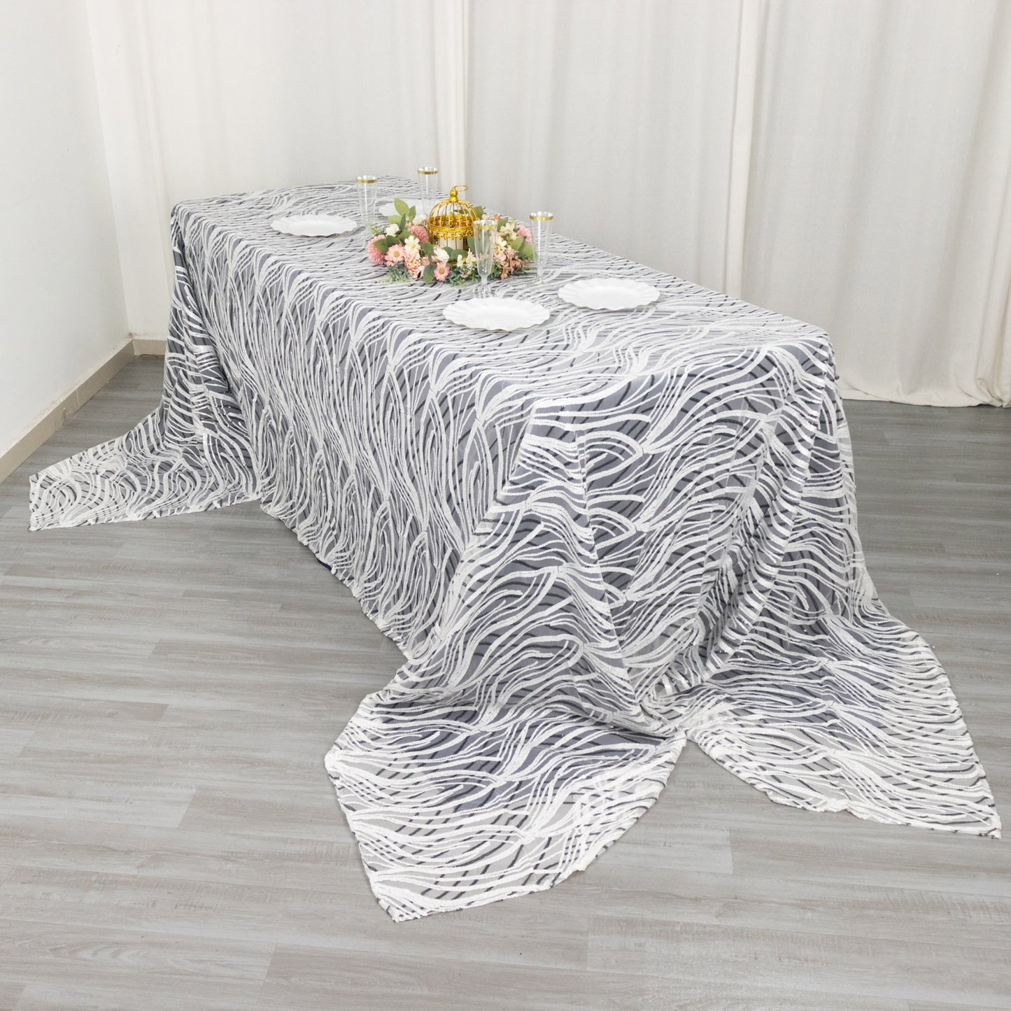 90"x156" White Black Wave Mesh Rectangular Tablecloth With Embroidered Sequins