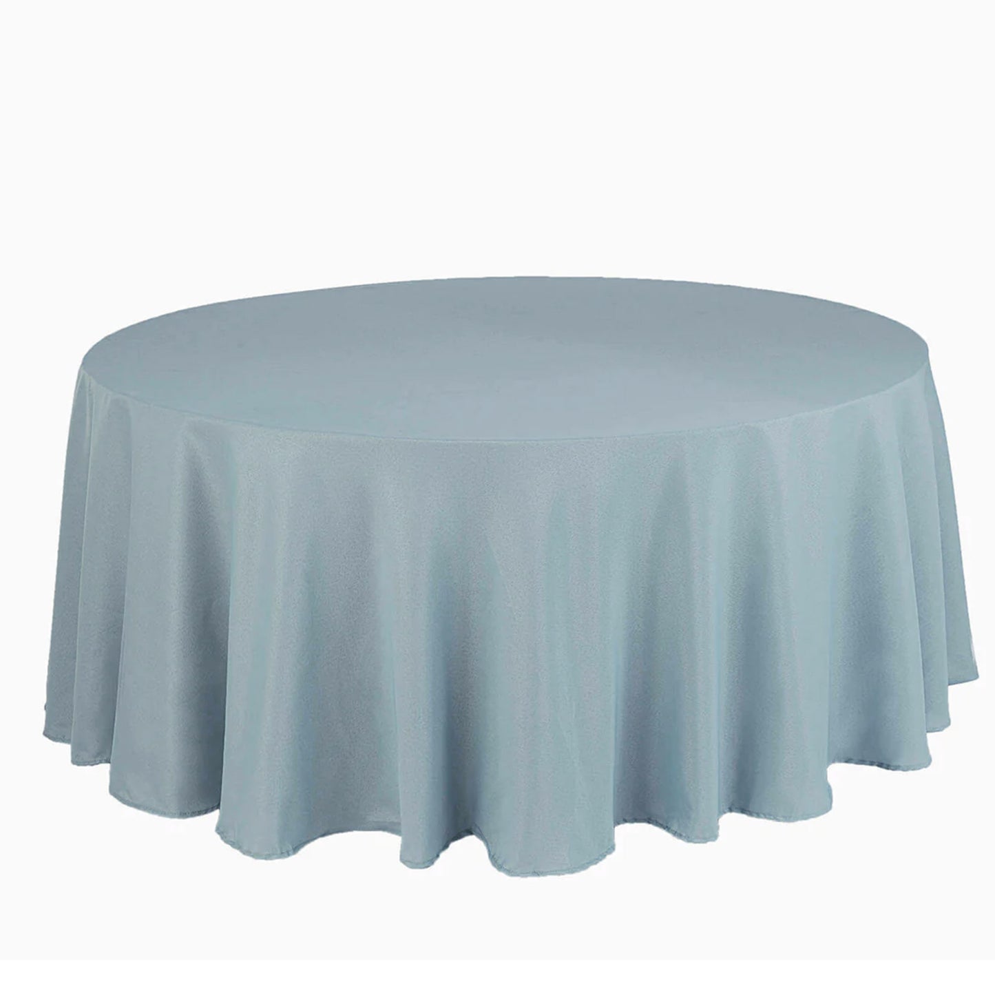 Dusty blue round polyester tablecloth, 120 inches in diameter.