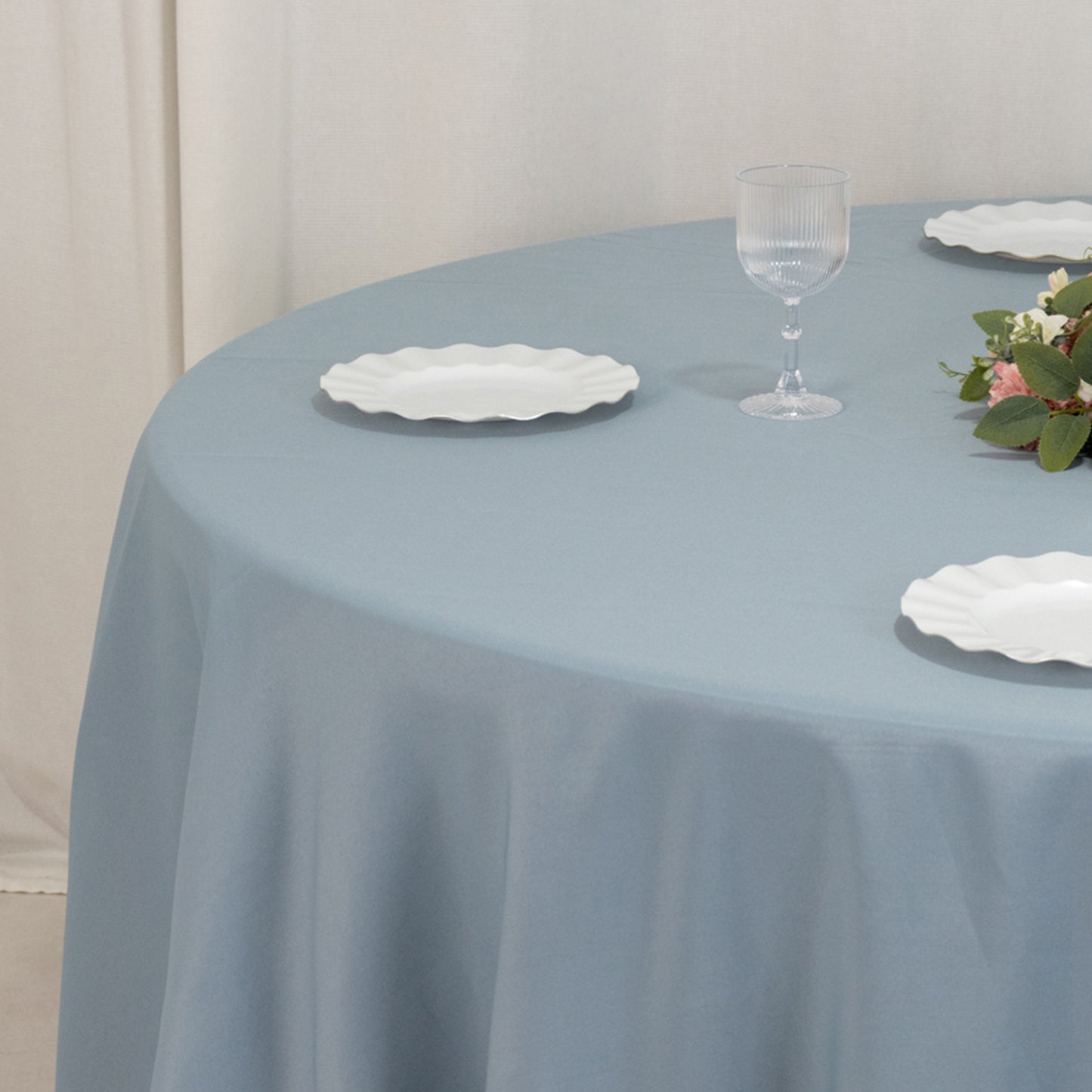 120" Dusty Blue Seamless Premium Polyester Round Tablecloth - 220GSM for 5 Foot Table With Floor-Length Drop