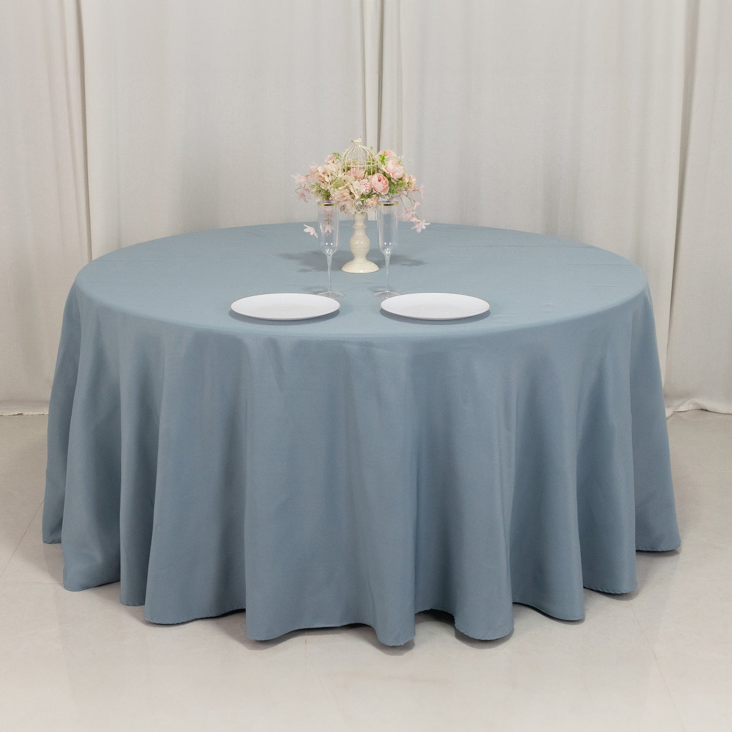 120" Dusty Blue Seamless Premium Polyester Round Tablecloth - 220GSM for 5 Foot Table With Floor-Length Drop