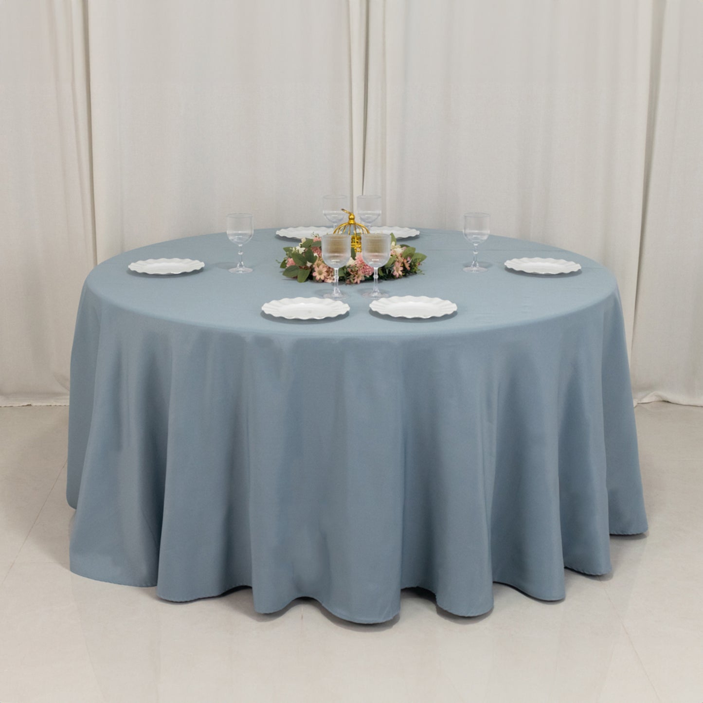 120" Dusty Blue Seamless Premium Polyester Round Tablecloth - 220GSM for 5 Foot Table With Floor-Length Drop