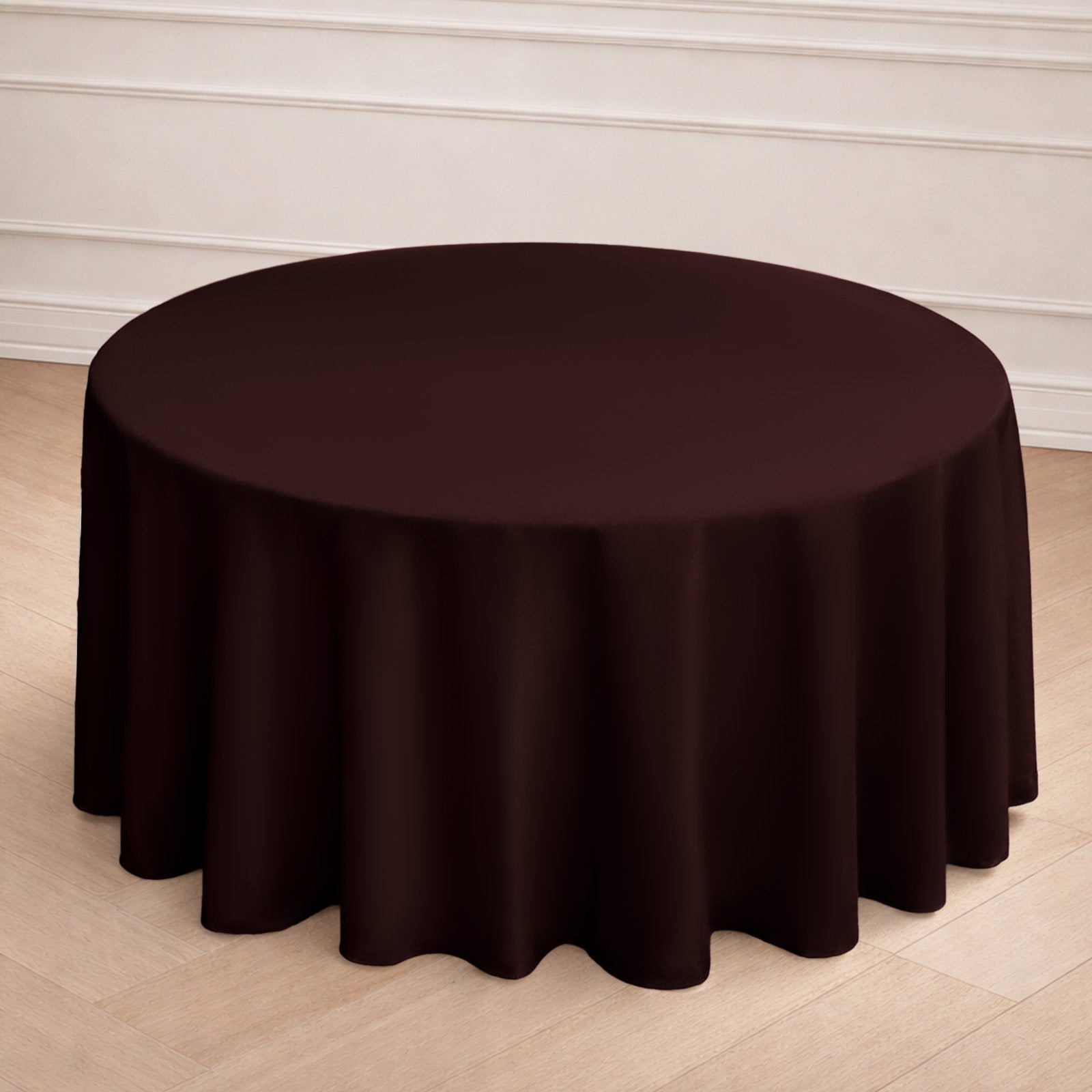 Chocolate round tablecloth for elegant dining setups.
