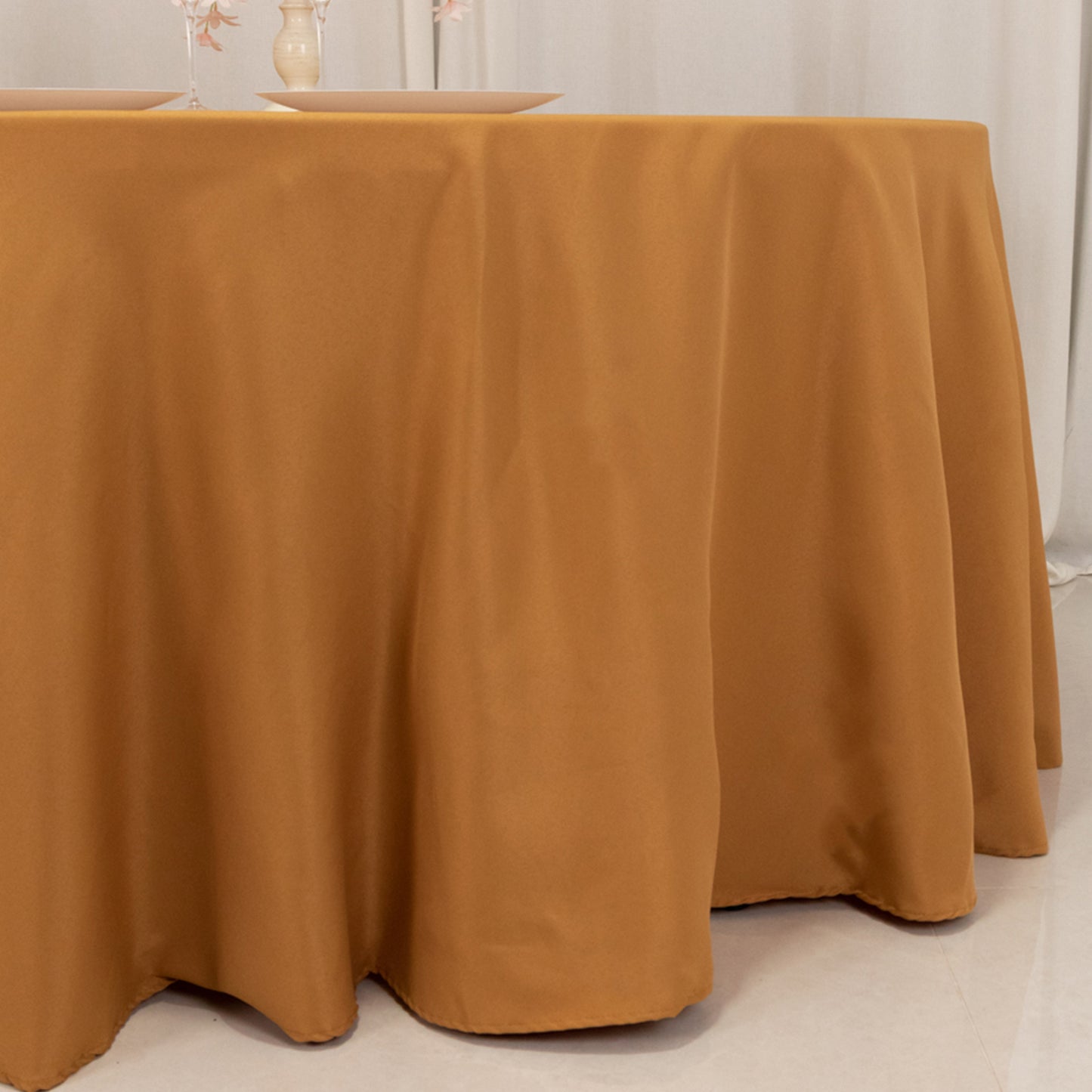 120" Gold Seamless Premium Polyester Round Tablecloth - 220GSM for 5 Foot Table With Floor-Length Drop