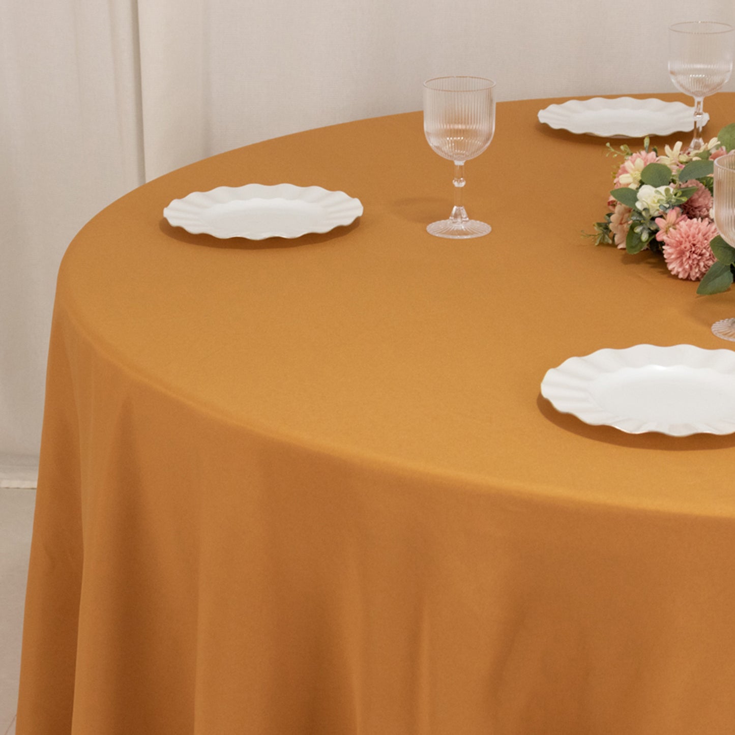 120" Gold Seamless Premium Polyester Round Tablecloth - 220GSM for 5 Foot Table With Floor-Length Drop