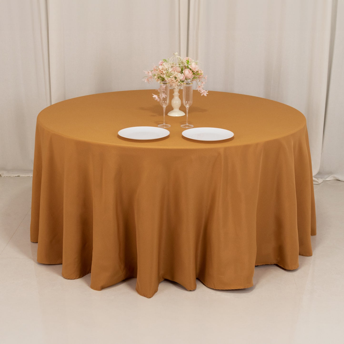 120" Gold Seamless Premium Polyester Round Tablecloth - 220GSM for 5 Foot Table With Floor-Length Drop