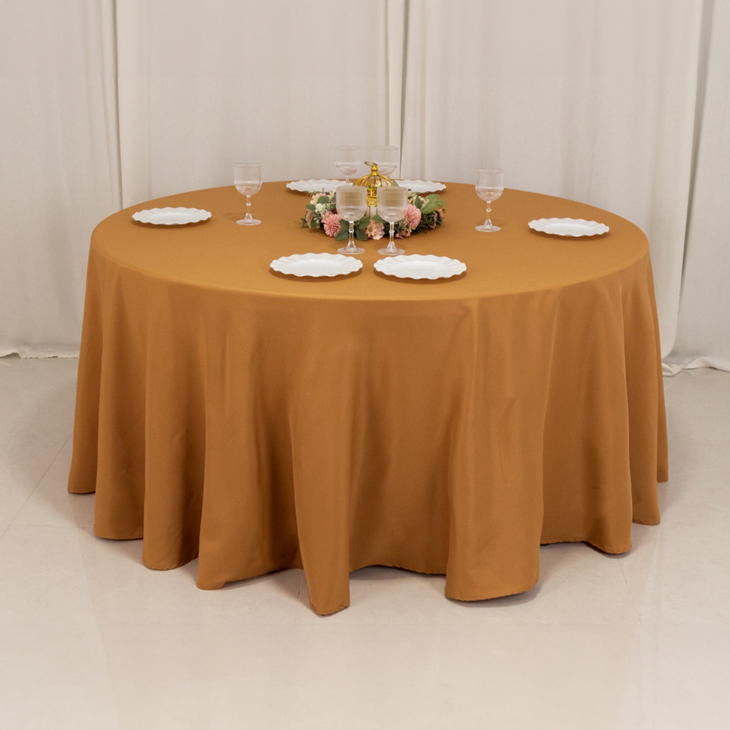 120" Gold Seamless Premium Polyester Round Tablecloth - 220GSM for 5 Foot Table With Floor-Length Drop