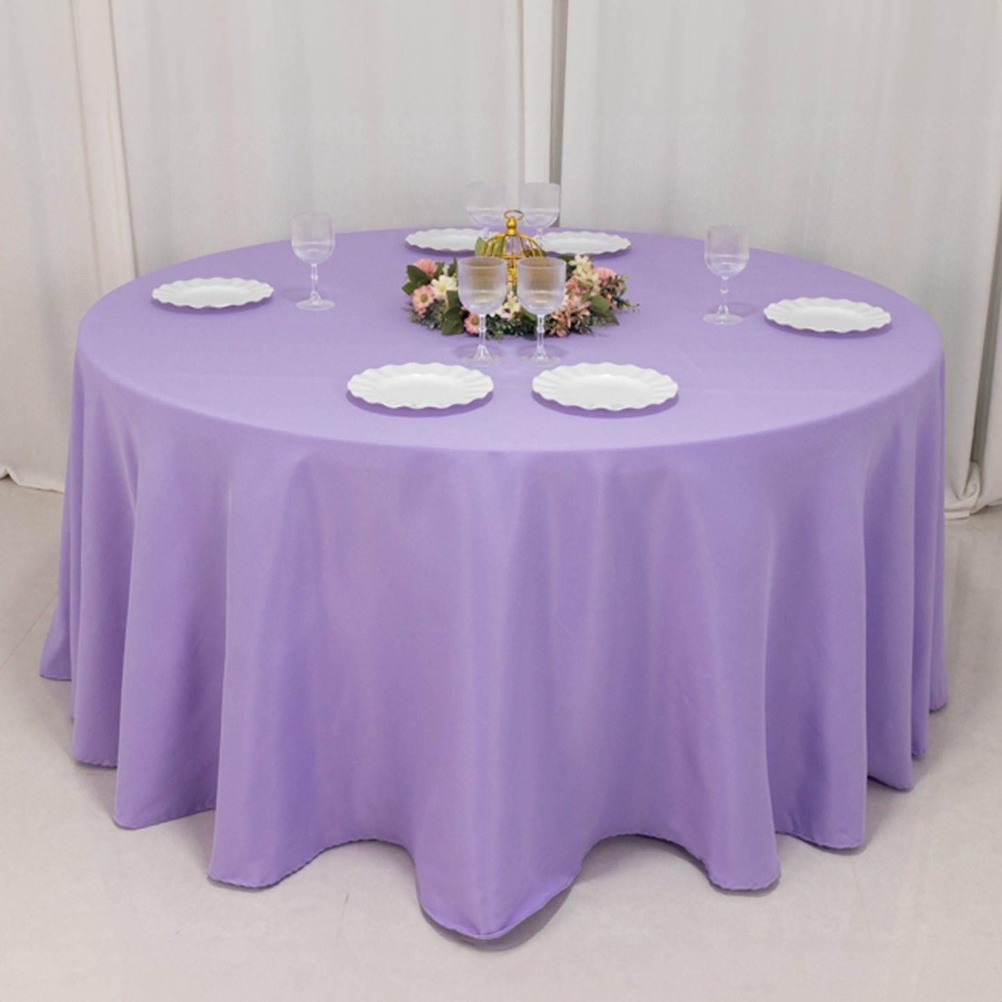 120" Lavender Lilac Seamless Premium Polyester Round Tablecloth - 220GSM for 5 Foot Table With Floor-Length Drop