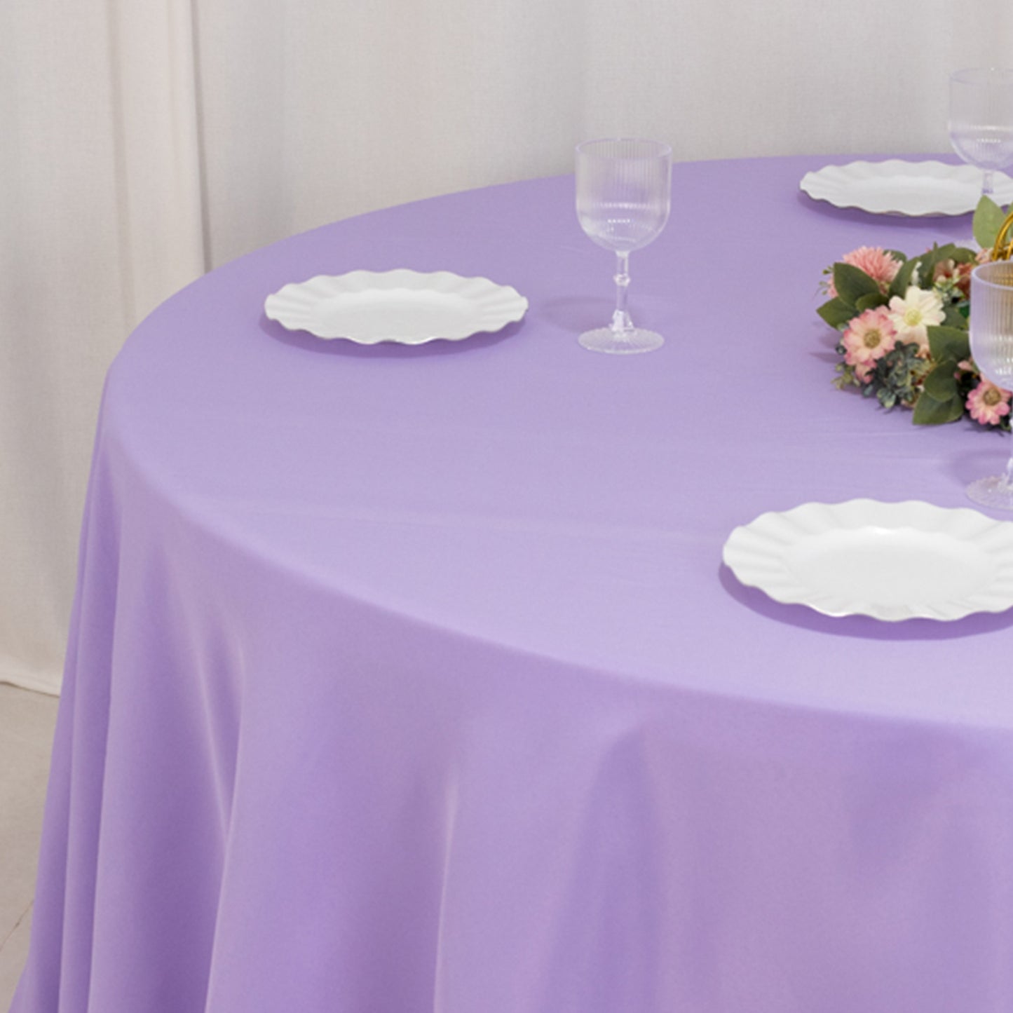 120" Lavender Lilac Seamless Premium Polyester Round Tablecloth - 220GSM for 5 Foot Table With Floor-Length Drop