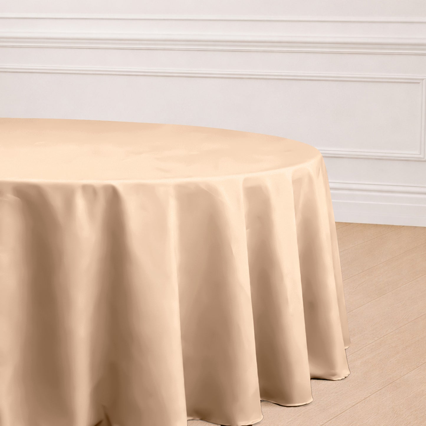 Nude seamless polyester round tablecloth for elegant table settings.