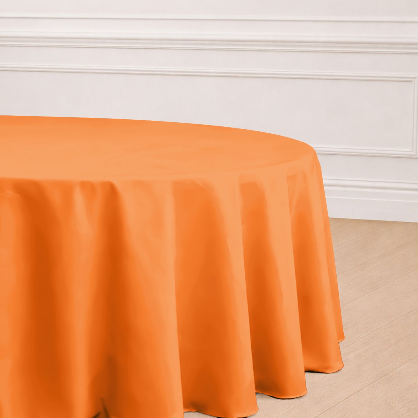 Orange seamless polyester round tablecloth.