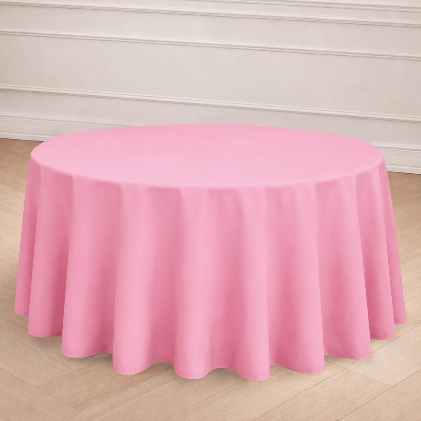 Pink seamless round tablecloth, 120 inches in diameter.