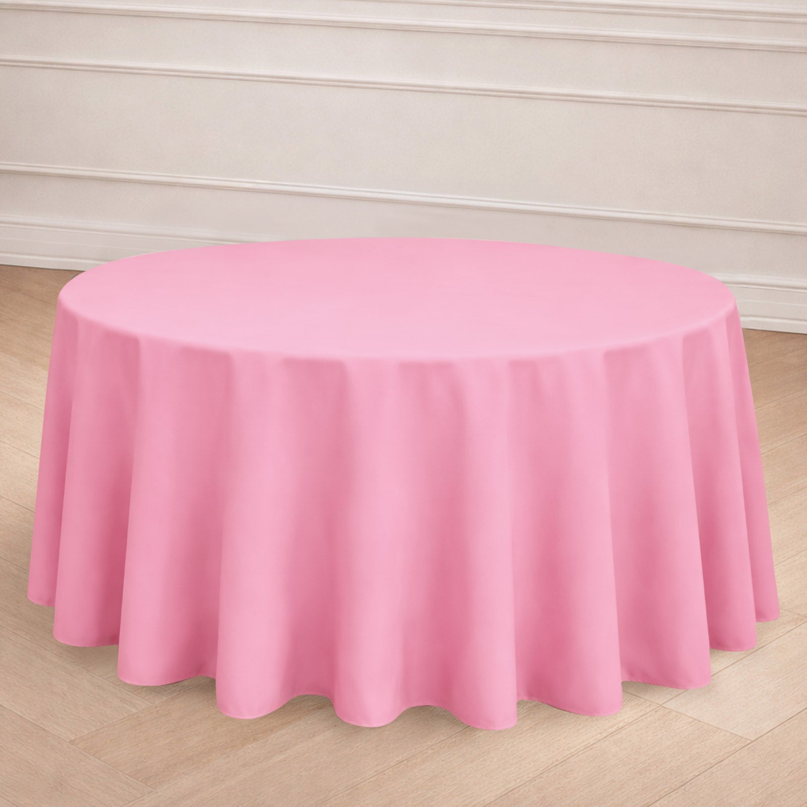 Pink seamless round tablecloth, 120 inches in diameter.