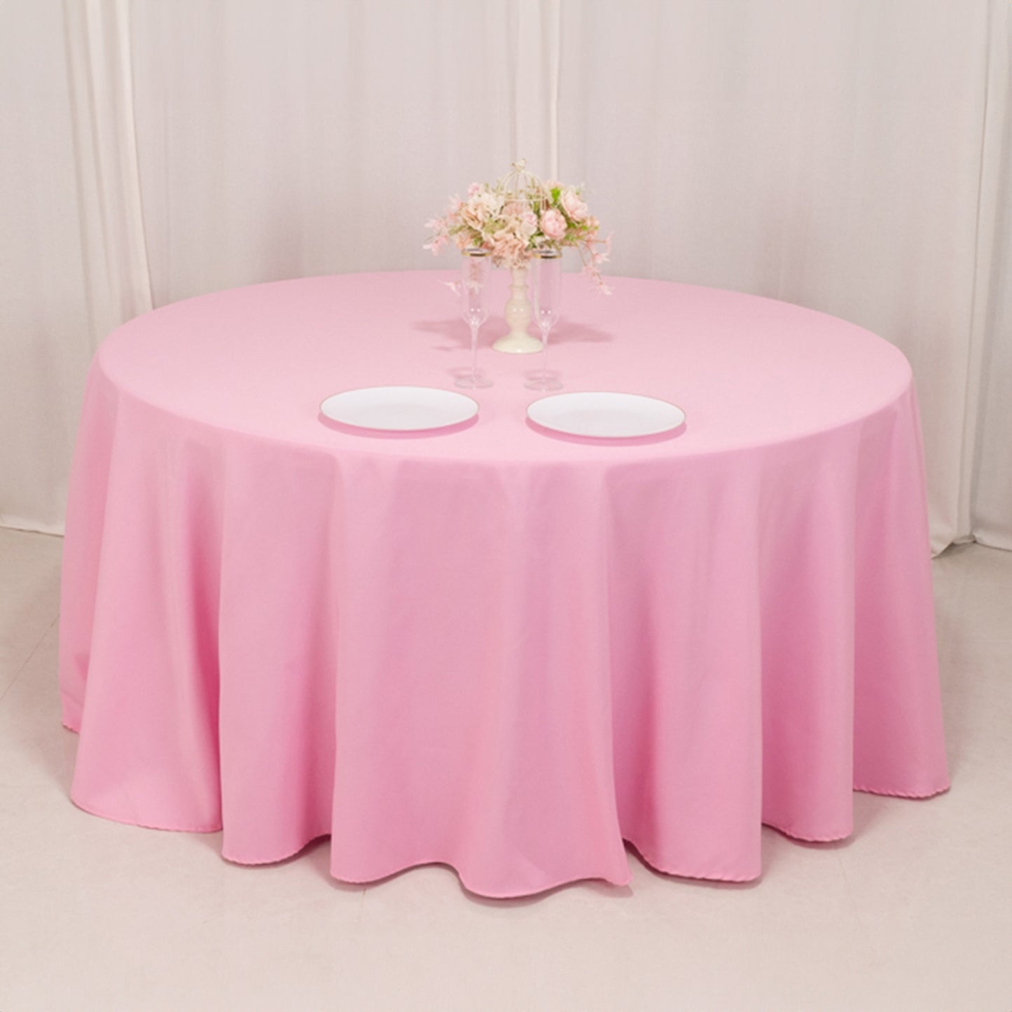 120" Pink Seamless Premium Polyester Round Tablecloth - 220GSM for 5 Foot Table With Floor-Length Drop