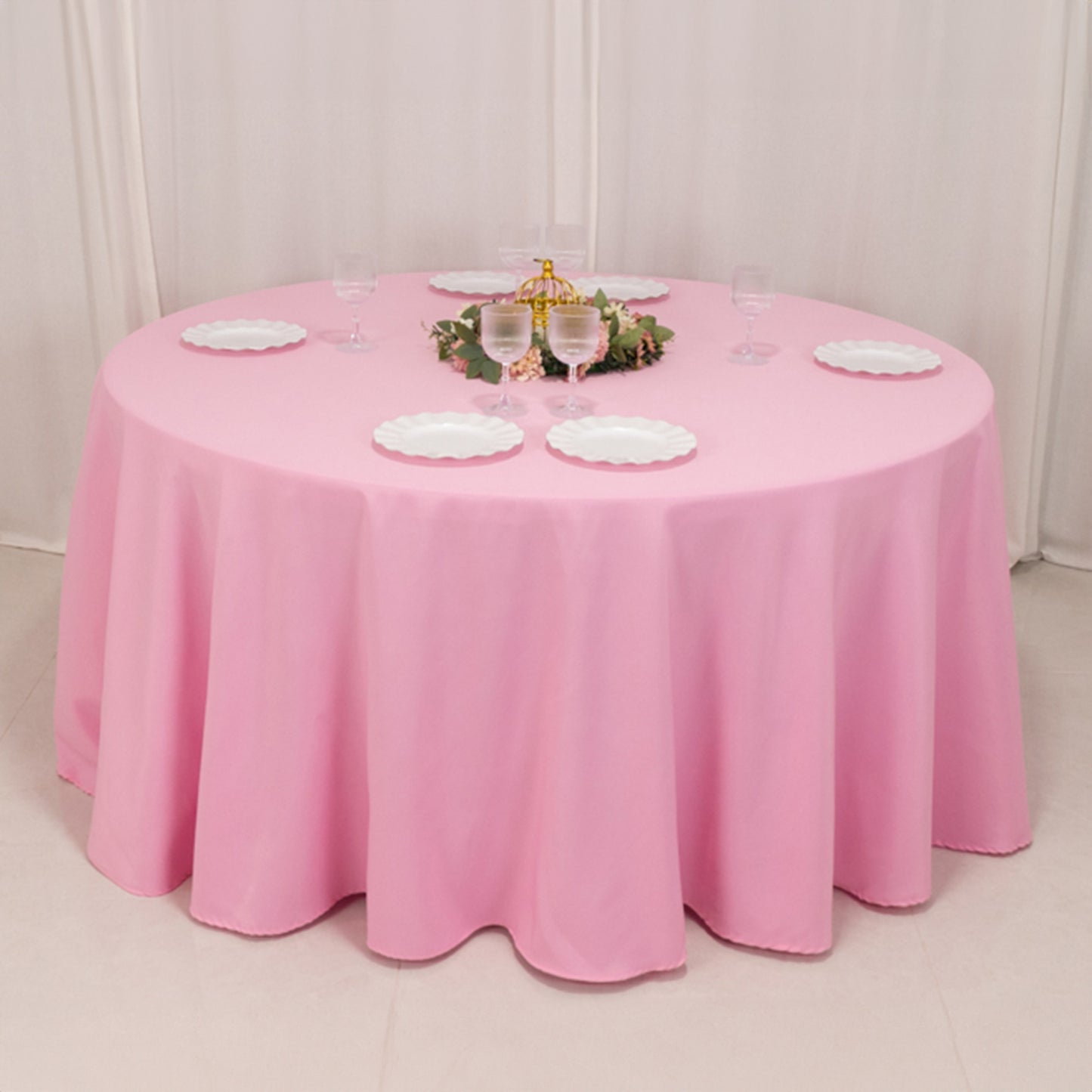 120" Pink Seamless Premium Polyester Round Tablecloth - 220GSM for 5 Foot Table With Floor-Length Drop