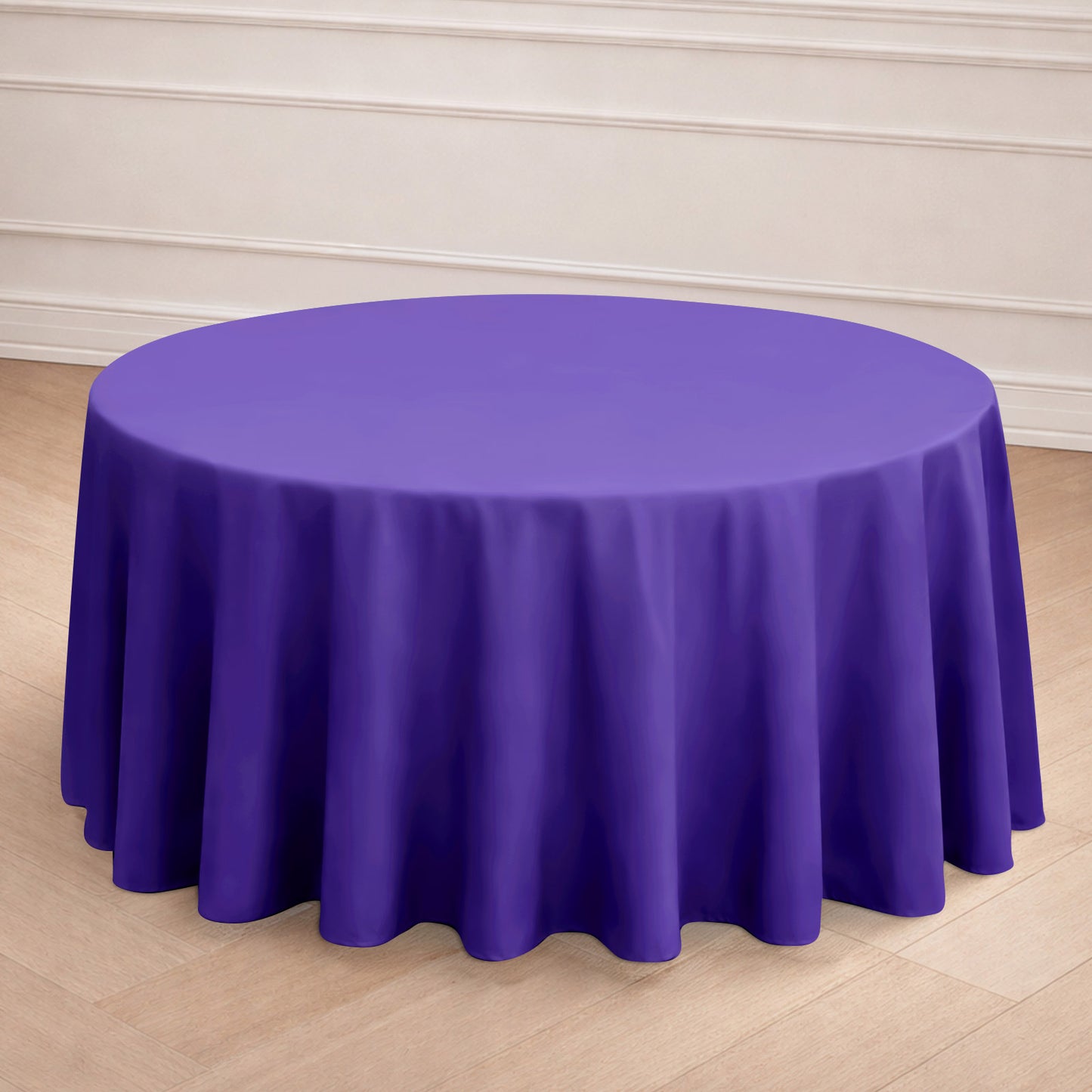 Purple round polyester tablecloth, 120 inches in size.