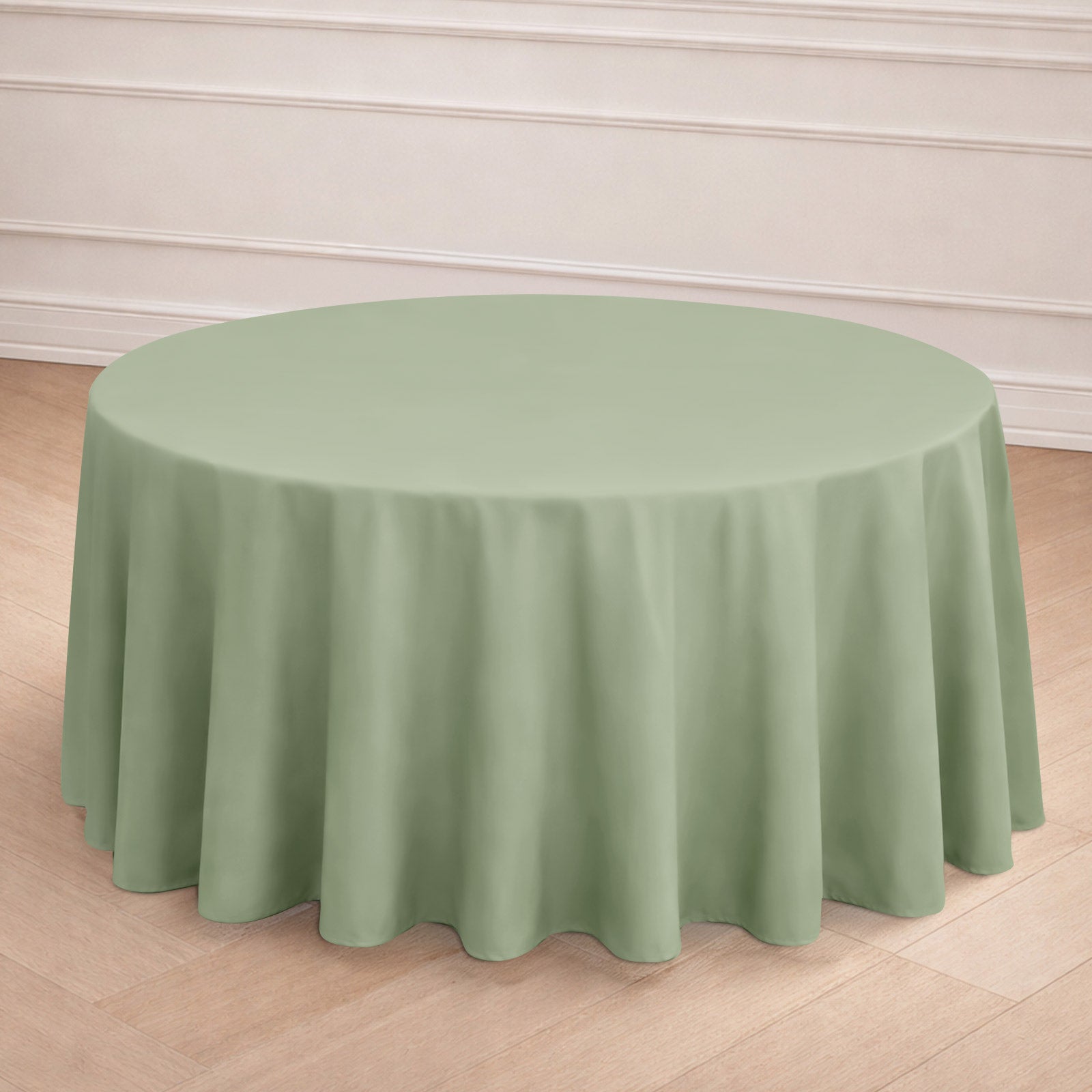120" sage green seamless polyester round tablecloth on a round table.