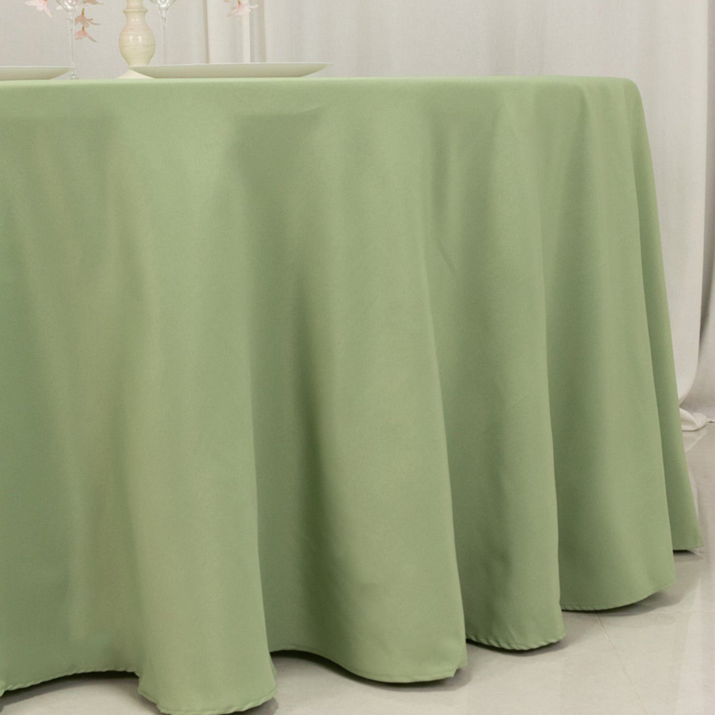 120" Sage Green Seamless Premium Polyester Round Tablecloth - 220GSM for 5 Foot Table With Floor-Length Drop