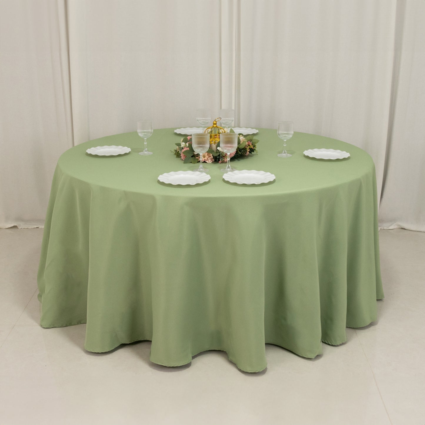 120" Sage Green Seamless Premium Polyester Round Tablecloth - 220GSM for 5 Foot Table With Floor-Length Drop