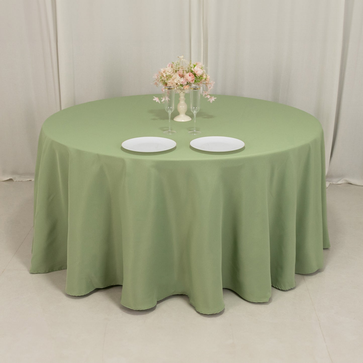 120" Sage Green Seamless Premium Polyester Round Tablecloth - 220GSM for 5 Foot Table With Floor-Length Drop