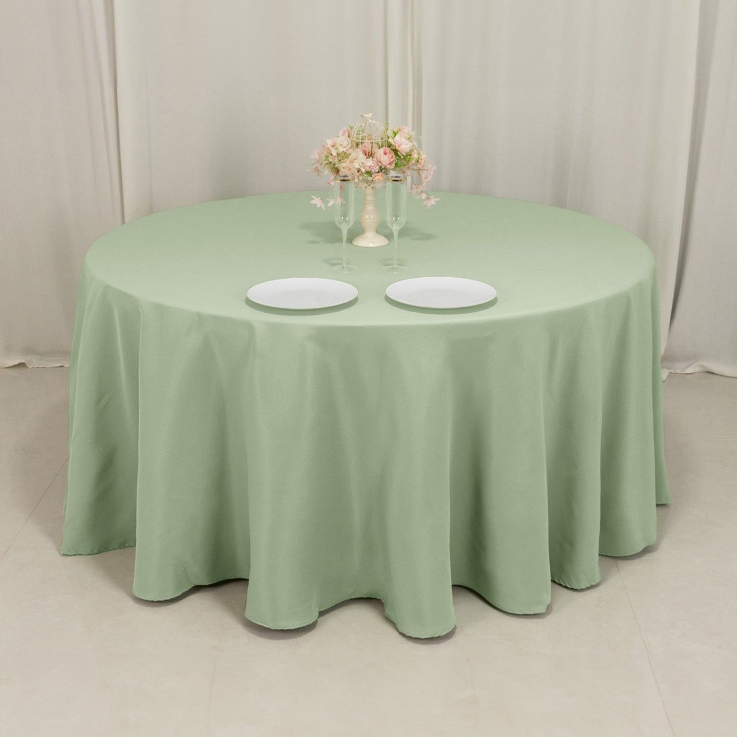 120" Sage Green Seamless Premium Polyester Round Tablecloth - 220GSM for 5 Foot Table With Floor-Length Drop