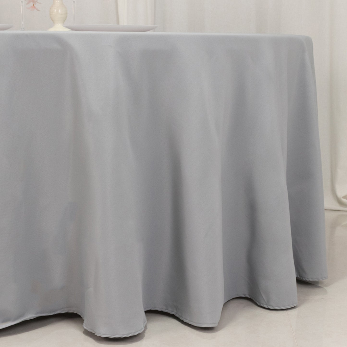 120" Silver Seamless Premium Polyester Round Tablecloth - 220GSM for 5 Foot Table With Floor-Length Drop