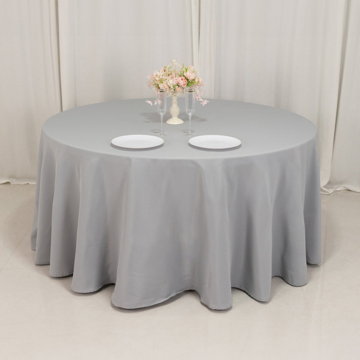 120" Silver Seamless Premium Polyester Round Tablecloth - 220GSM for 5 Foot Table With Floor-Length Drop