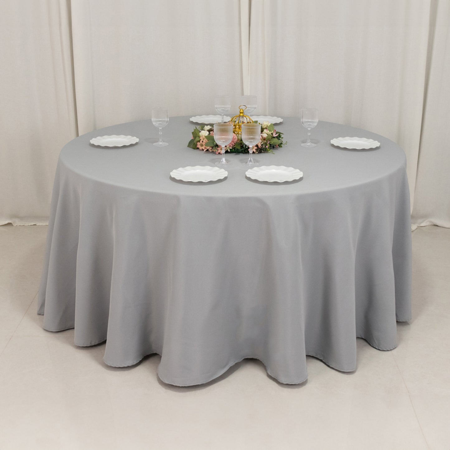 120" Silver Seamless Premium Polyester Round Tablecloth - 220GSM for 5 Foot Table With Floor-Length Drop