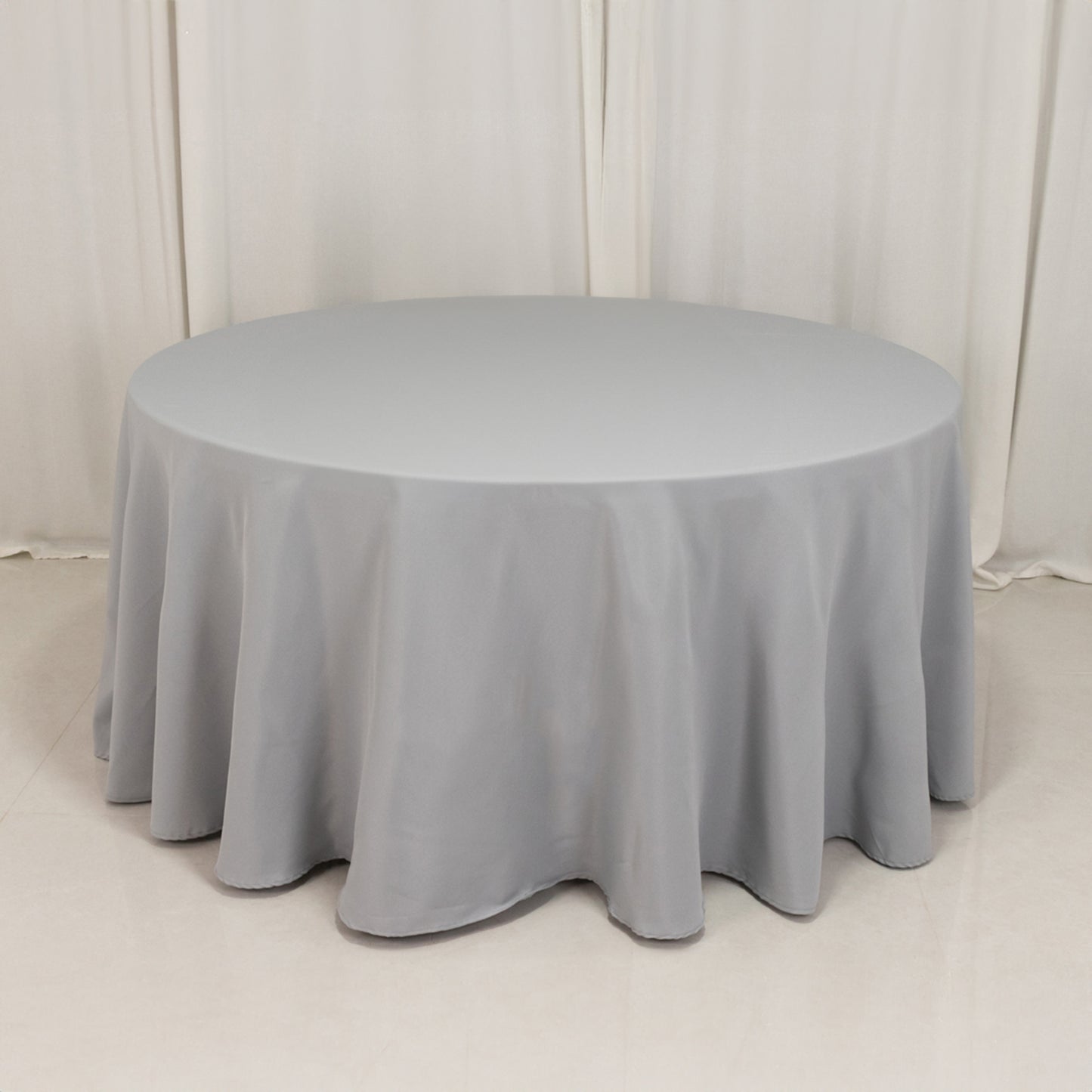 120" Silver Seamless Premium Polyester Round Tablecloth - 220GSM for 5 Foot Table With Floor-Length Drop