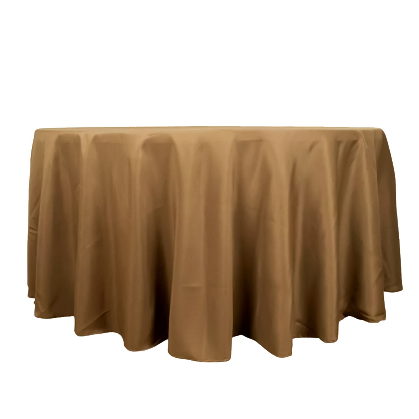 Taupe seamless round polyester tablecloth, 120 inches.