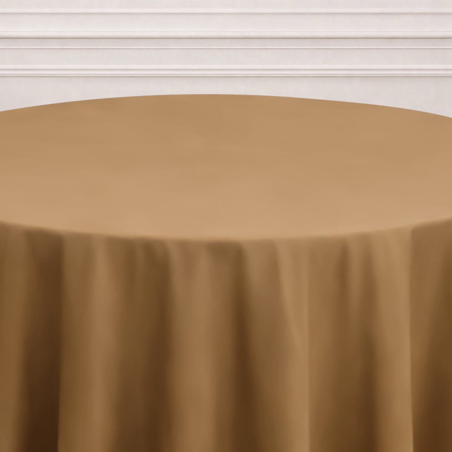 Taupe round tablecloth for elegant table settings.