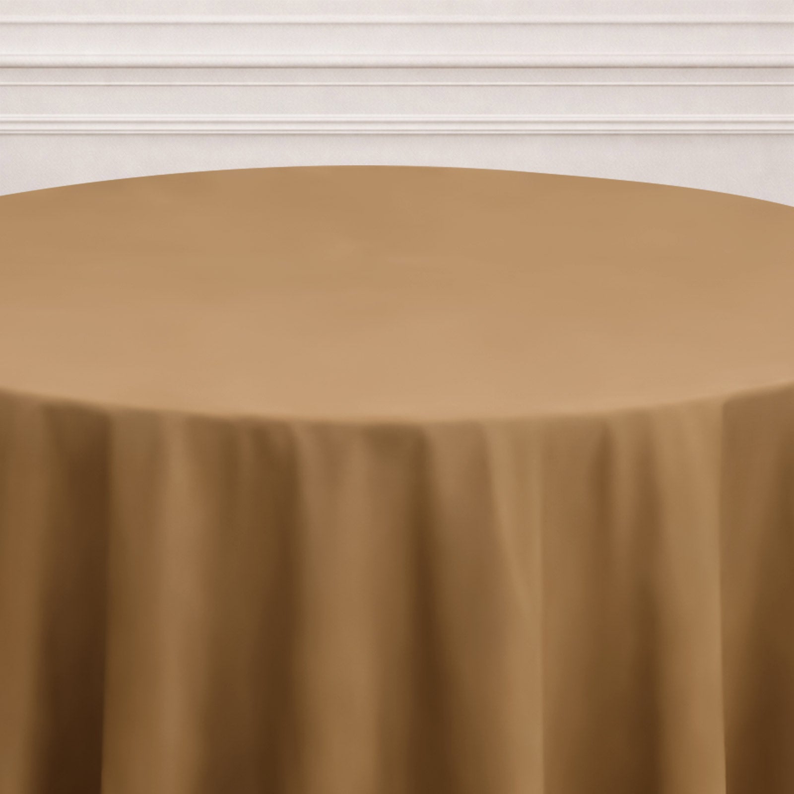 Taupe round tablecloth for elegant table settings.