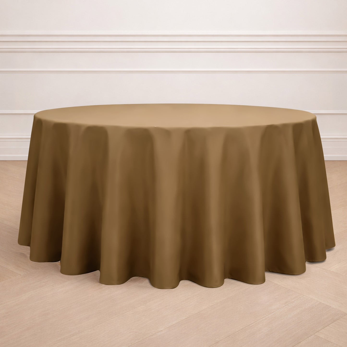 Taupe seamless round tablecloth for elegant table settings.